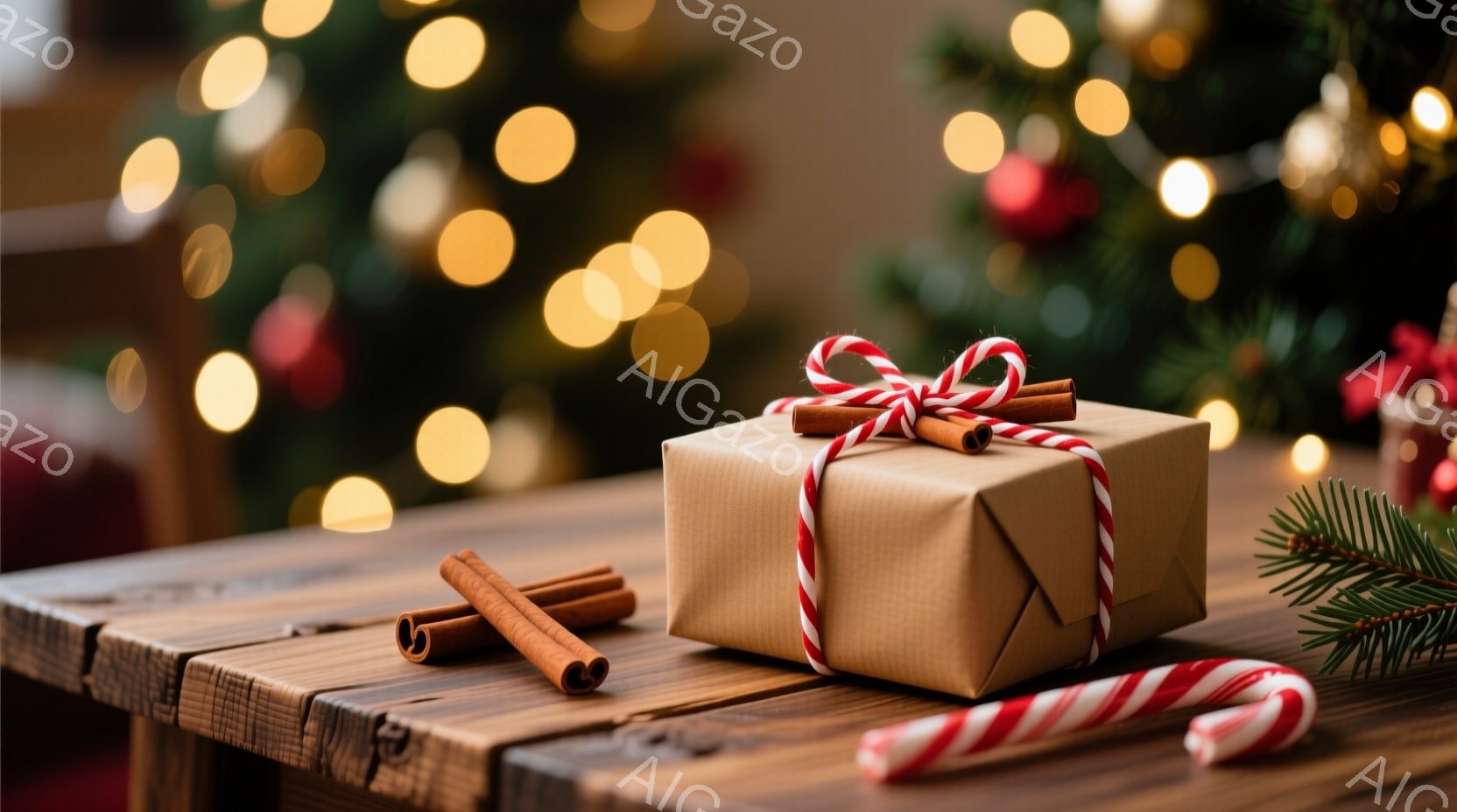 テーブルの上には、茶色の包装紙で包まれ、赤と白の縞模様のリボンで結ばれたプレゼントの箱があります。周囲には、シナモンスティックとキャンディケーンが散りばめられ、背景にはぼやけたクリスマスツリーの光が灯 - AI生成フリー素材