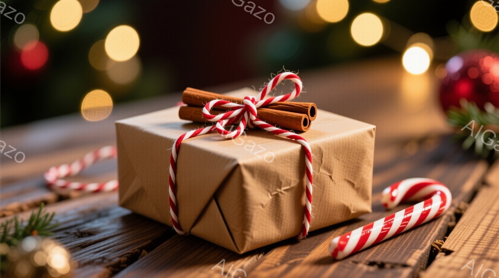 粗末な茶色の包装紙で丁寧に包まれた立方体のプレゼントが、赤い縞模様と白い紐で結ばれたシナモンスティックと共に木製のテーブルの上に置かれています。背景には、ぼやけたクリスマスの装飾とオーナメントが見え、温かくお祝いの雰囲気を醸し出しています。全体的に、冬のホリデーシーズンを象徴する、素朴で心地よい光景です。
