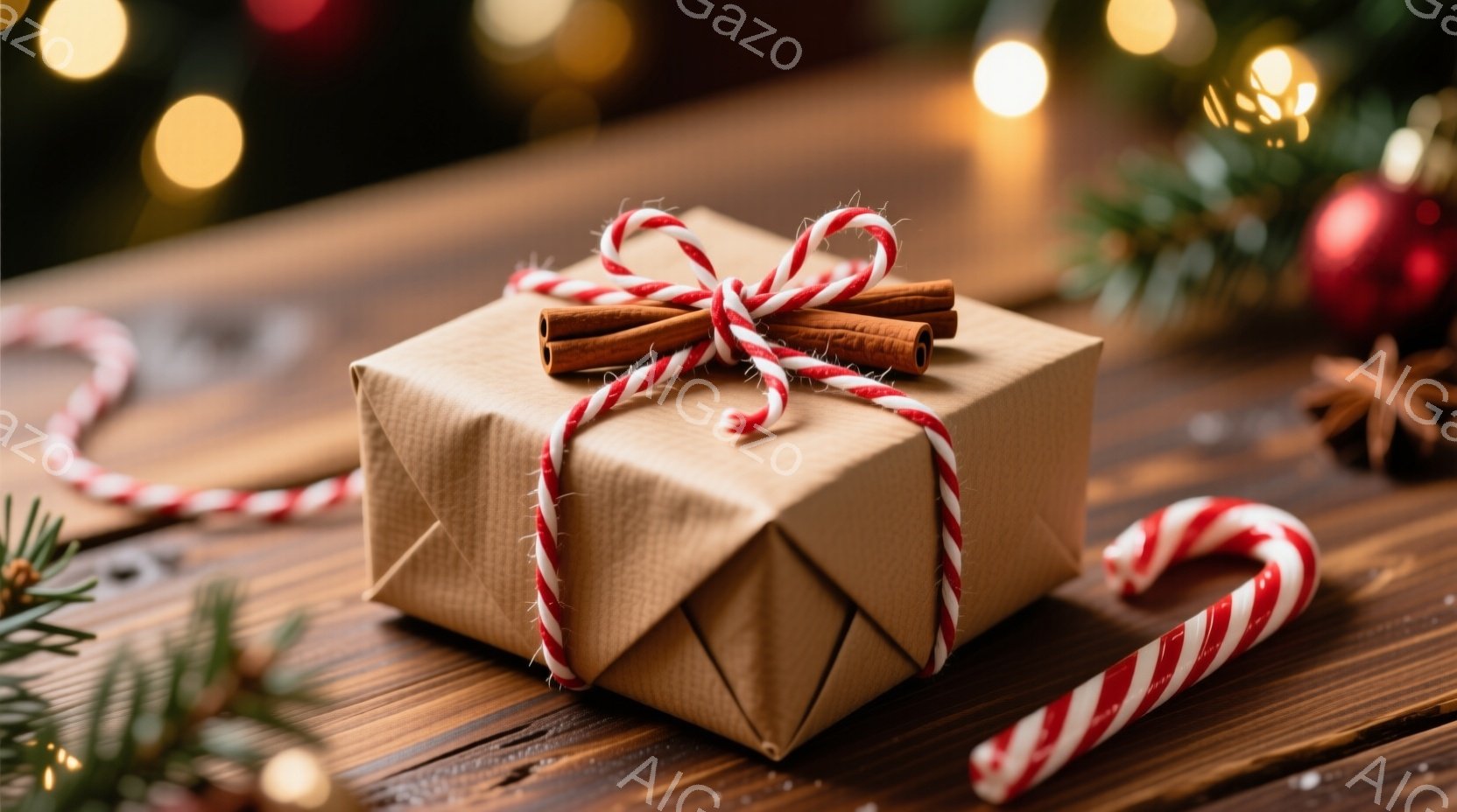 暖炉の木の板の上にラッピングされたプレゼントが置かれています。プレゼントはクラフト紙で包まれ、赤と白のロープで結ばれ、シナモンスティックが飾られています。背景にはクリスマスツリーの枝やキャンディケーンがぼやけており、全体的に温かく、お祝いの雰囲気が漂っています。