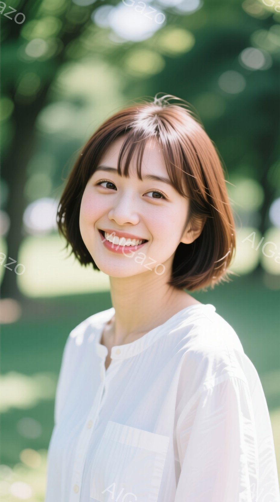 明るい笑顔を浮かべた若い女性が写っている。白いシャツを着ており、前髪を短くした茶色の髪が特徴的だ。背景は緑豊かな木々で、晴れた日の穏やかな雰囲気が感じられる。