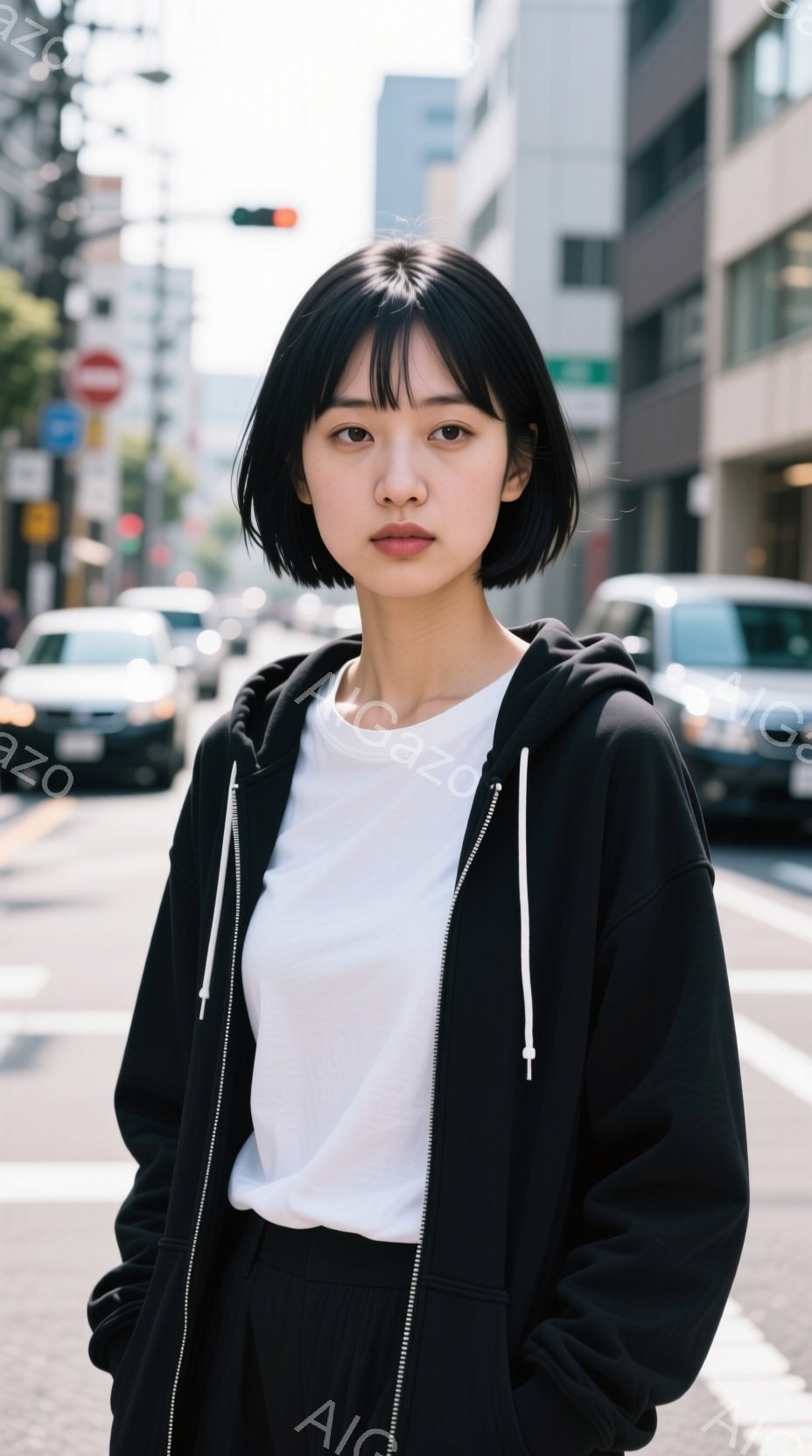 黒いパーカーとズボンを着用した若い女性が写っている。彼女はストレートで前髪のある黒髪で、無表情でカメラを見つめている。背景には、建物や車が見える都会の通りがあり、晴天で日中の撮影であることがわかる。 - AI生成フリー素材