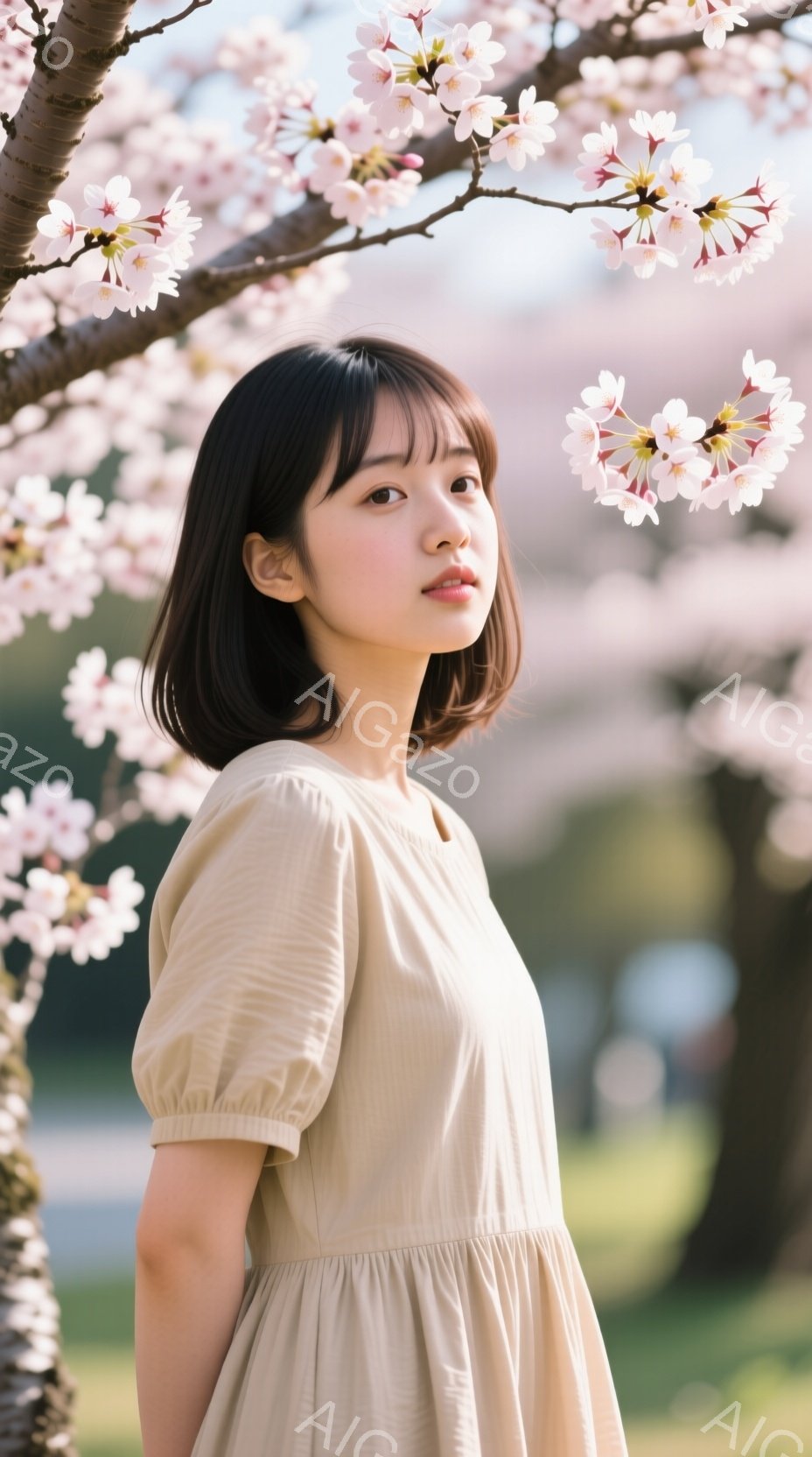浅いベージュ色のゆったりとしたワンピースを着た若い女性が、わずかに横を向いて微笑んでいます。髪は肩にかかる長さで、前髪が眉毛にかかるようにカットされています。背景には、満開の桜の木と、ぼやけた建物が見え、春の穏やかな雰囲気が漂っています。