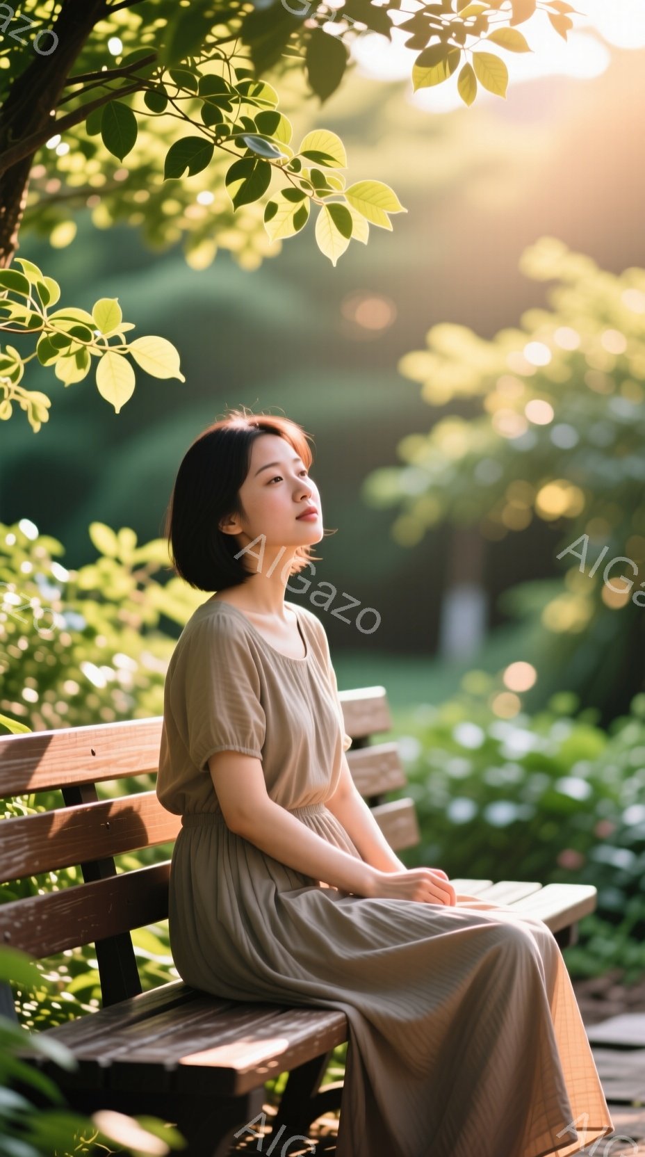 画像は、木陰のベンチに座る若い女性を捉えています。ベージュ色のゆったりとしたワンピースを着ており、短い茶色の髪は肩にかかっています。彼女は少し顔を上げ、穏やかな表情で遠くを見つめており、背景には緑豊かな木々と光の差し込む自然が広がっています。