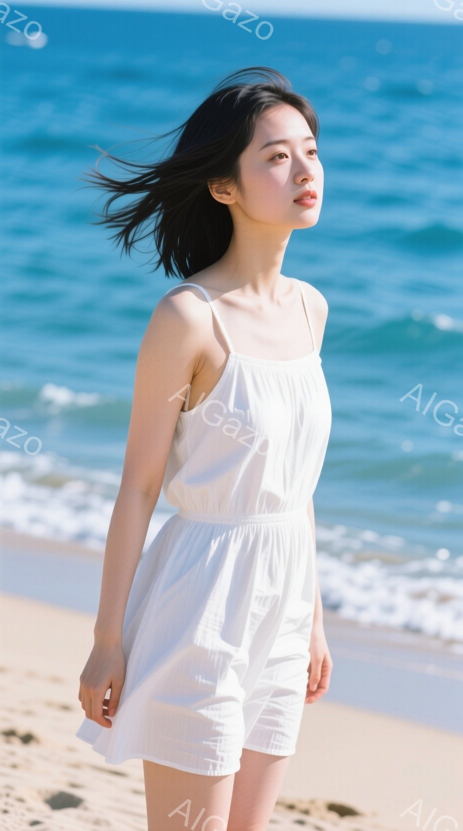 白いワンピースを着た若い女性が砂浜に立っている。彼女は黒髪で、風になびいている。背景には青い海と空が広がり、晴れた日の穏やかな雰囲気が漂っている。 - AI生成フリー素材