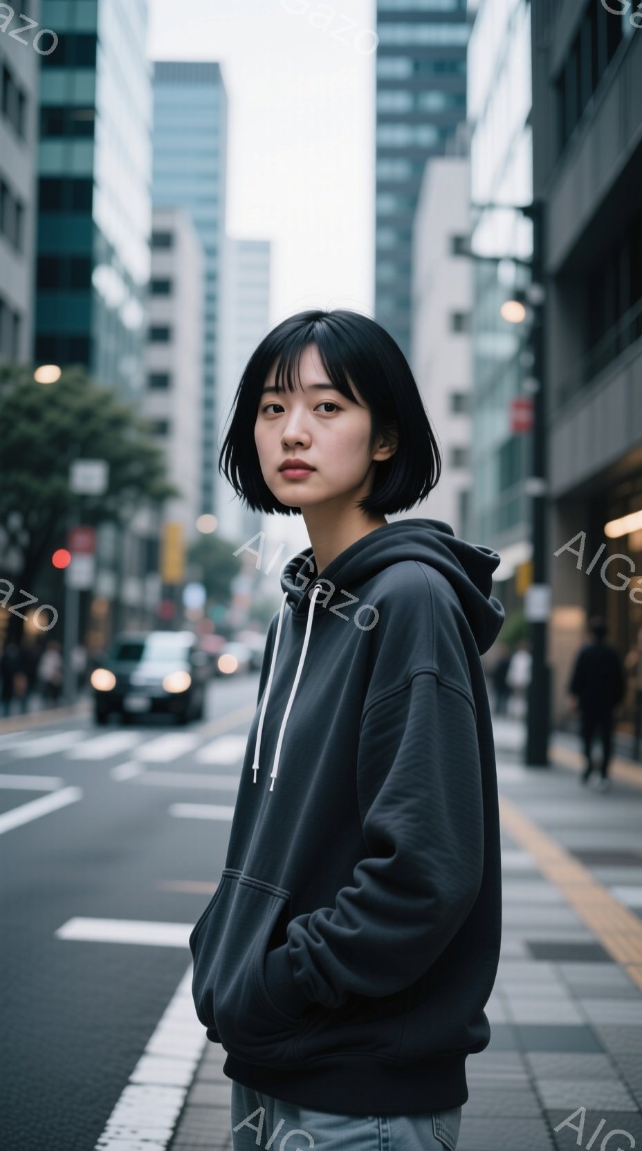 若い女性が街の路上に立っており、黒いパーカーとグレーのパンツを着用しています。彼女は前を向き、やや憂いを帯びた表情で、片手をポケットに入れています。背景には高層ビルが立ち並び、薄暗い空とアスファルトの道が広がっており、都会的で少し寂しげな雰囲気が漂っています。