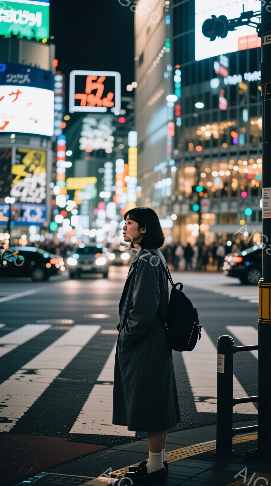 黒いコートを着た若い女性が、人通りの少ない横断歩道に立っている。彼女は黒髪のショートボブで、少し俯き加減で何かを考えているような表情をしている。背景にはネオンサインが輝く高層ビル群がそびえ立ち、夜の賑やかな都市の雰囲気が漂っている。