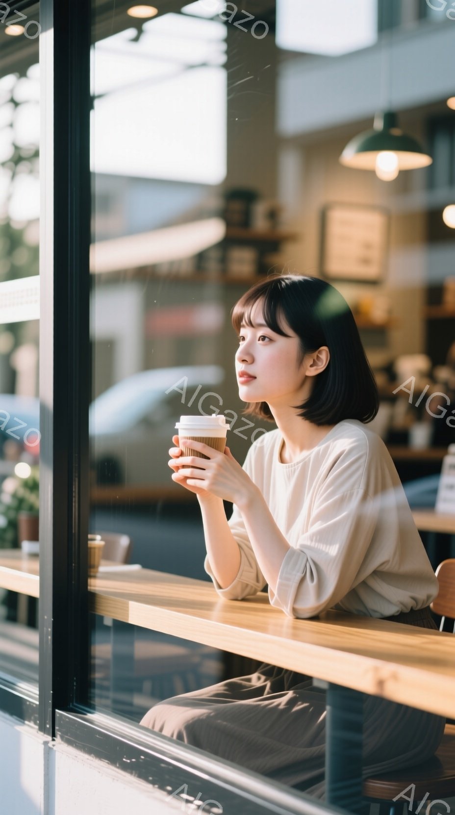 黒髪のショートボブヘアの女性が、カフェの窓際に座り、紙コップのコーヒーを手に持っています。ベージュ系のシンプルなトップスとスカートを着用し、物憂げな表情で外を眺めています。窓の外にはぼやけた街並みが見え、カフェの穏やかな雰囲気と女性の少し寂しげな雰囲気が混ざり合っています。
