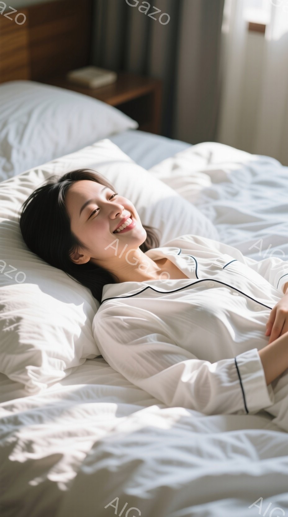 白いパイピングの付いた白いパジャマの上着を着た女性が、白いベッドに仰向けに寝ています。彼女は目を細めて微笑んでおり、リラックスした表情をしています。背景は明るく、ベッドの横に小さなテーブルが見え、穏や - AI生成フリー素材