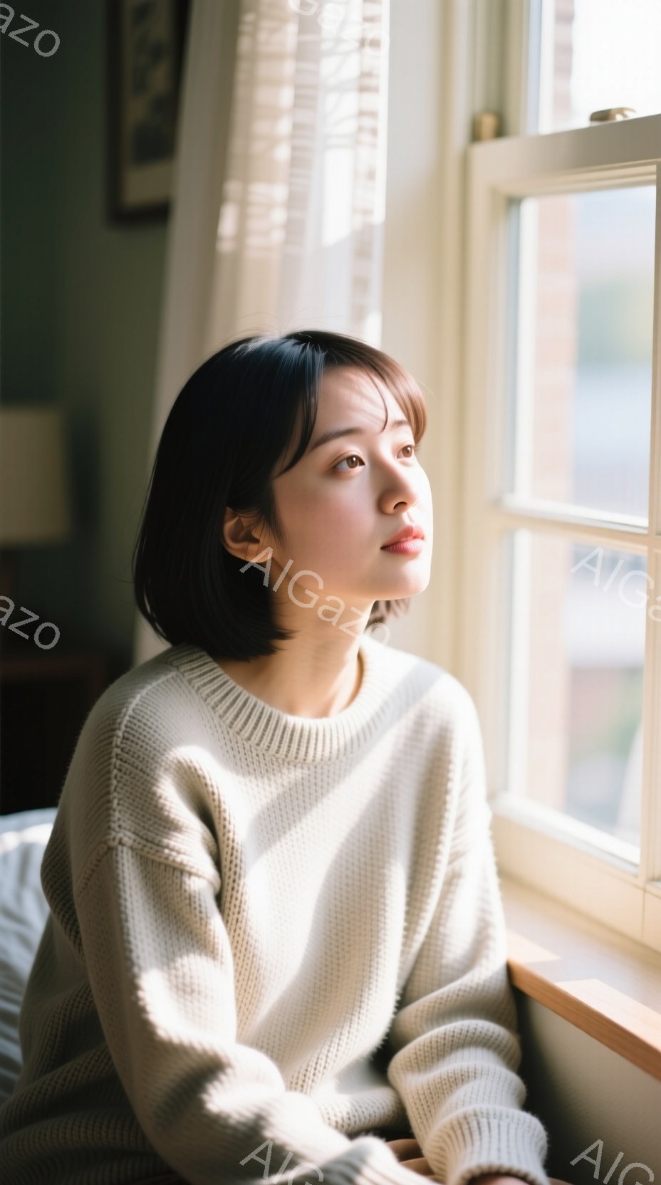 明るい光が差し込む窓辺で、女性が穏やかな表情で外を眺めている。オフホワイトのざっくりとしたニットセーターを着ており、ダークトーンのショートヘアは肩にかかっている。背景にはぼやけた建物が見え、全体的に暖かく、静謐な雰囲気が漂っている。