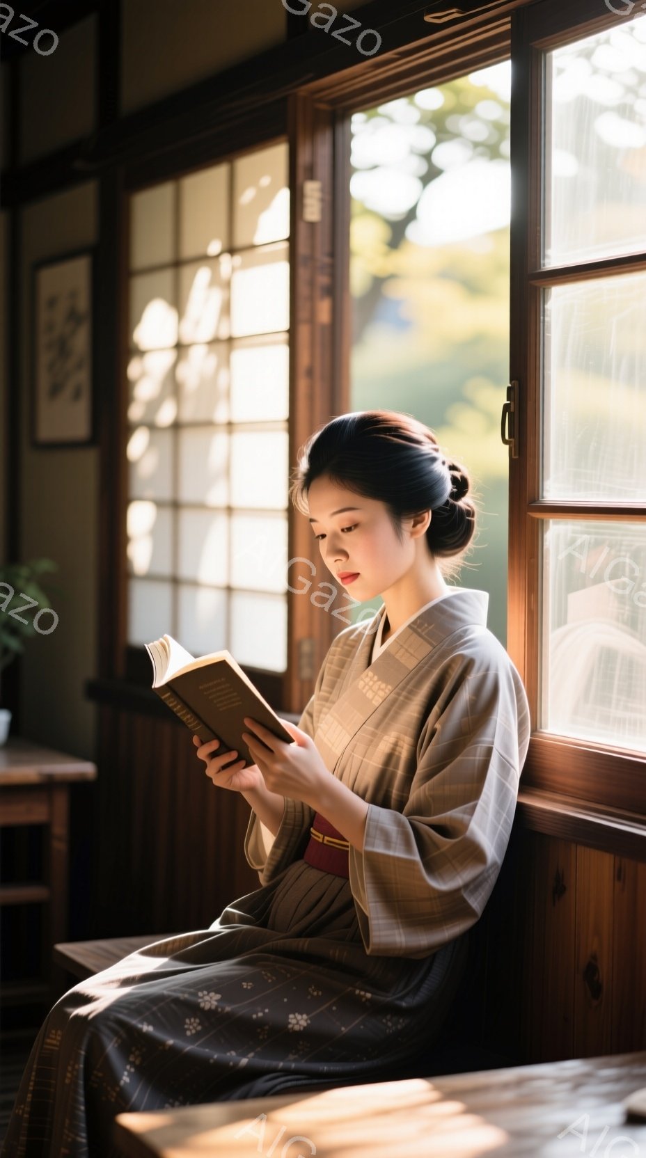 浅いベージュ色の格子模様の着物を着た若い女性が、窓辺に座って本を読んでいます。彼女は髪を後ろでまとめ、落ち着いた表情で読書に集中しており、薄い赤い帯が着物にアクセントを加えています。木製の家具と庭の緑が暖かく柔らかな雰囲気を醸し出しており、自然光が室内に差し込んでいます。