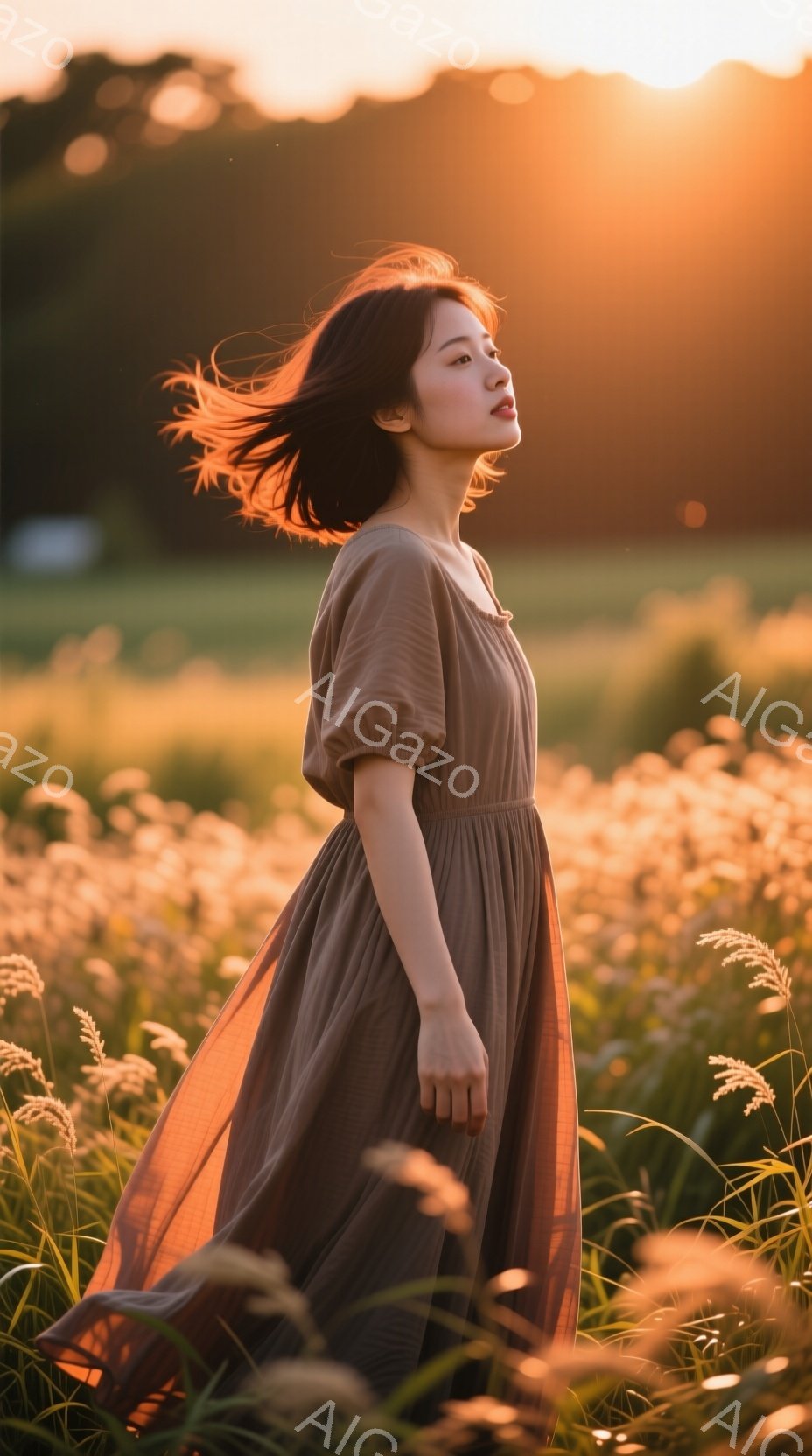柔らかいベージュ色のドレスを着た若い女性が、野原を歩いている。彼女は少し顔を上げ、穏やかな表情で、風になびく髪が印象的だ。背景には夕焼けのような暖かい光が広がり、草木が黄金色に輝き、夢幻的な雰囲気を醸し出している。