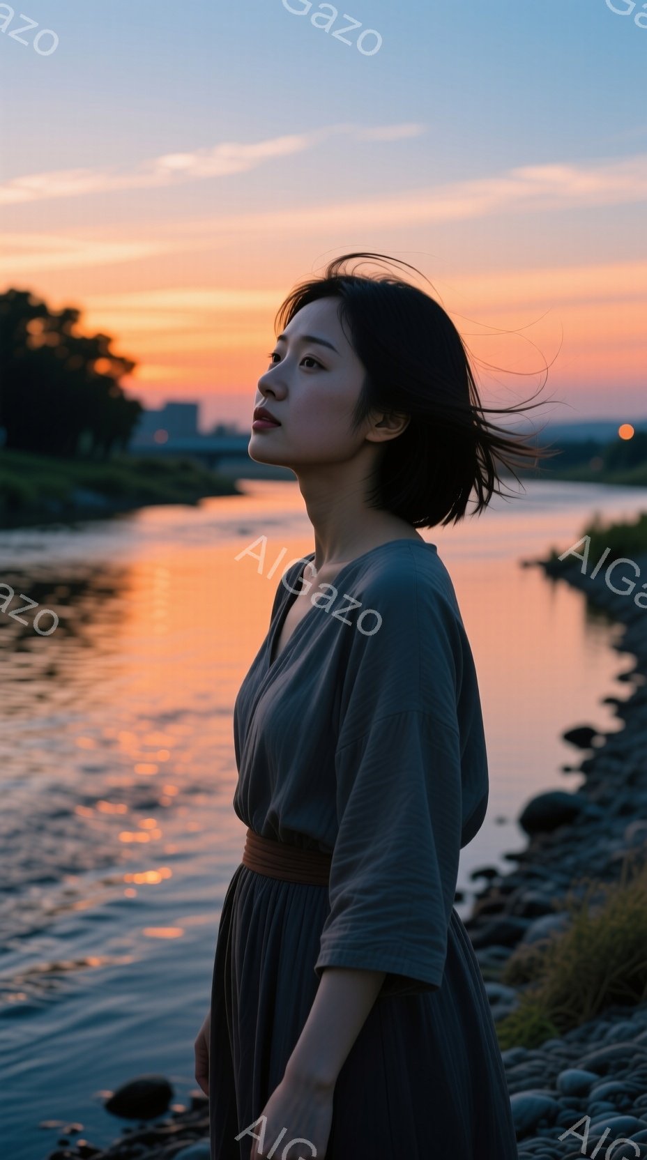 夕焼けを背景に、女性が川沿いを立っている。グレーがかったドレスを着ており、髪は風になびいている。彼女は横顔で、どこか物憂げな表情を浮かべており、川の水面には夕焼けが反射して金色に輝いている。 - AI生成フリー素材