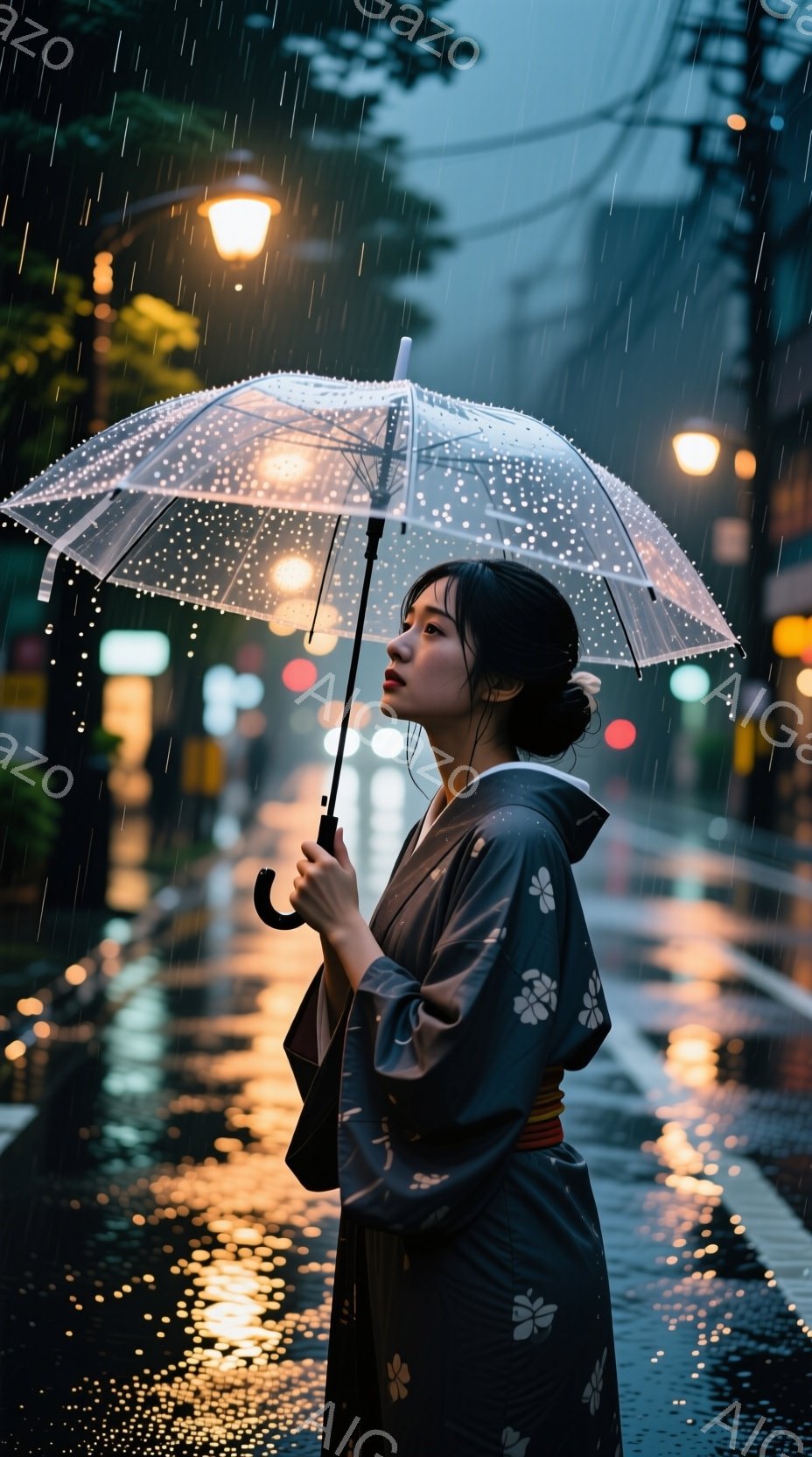 雨の夜、女性が傘をさして立っている。彼女は濃い藍色の地に白く花が描かれた着物を着ており、髪は後ろでまとめている。背景には雨に濡れた道路と、ぼやけた街灯と建物の光が反射して、幻想的で物憂げな雰囲気を醸し出している。