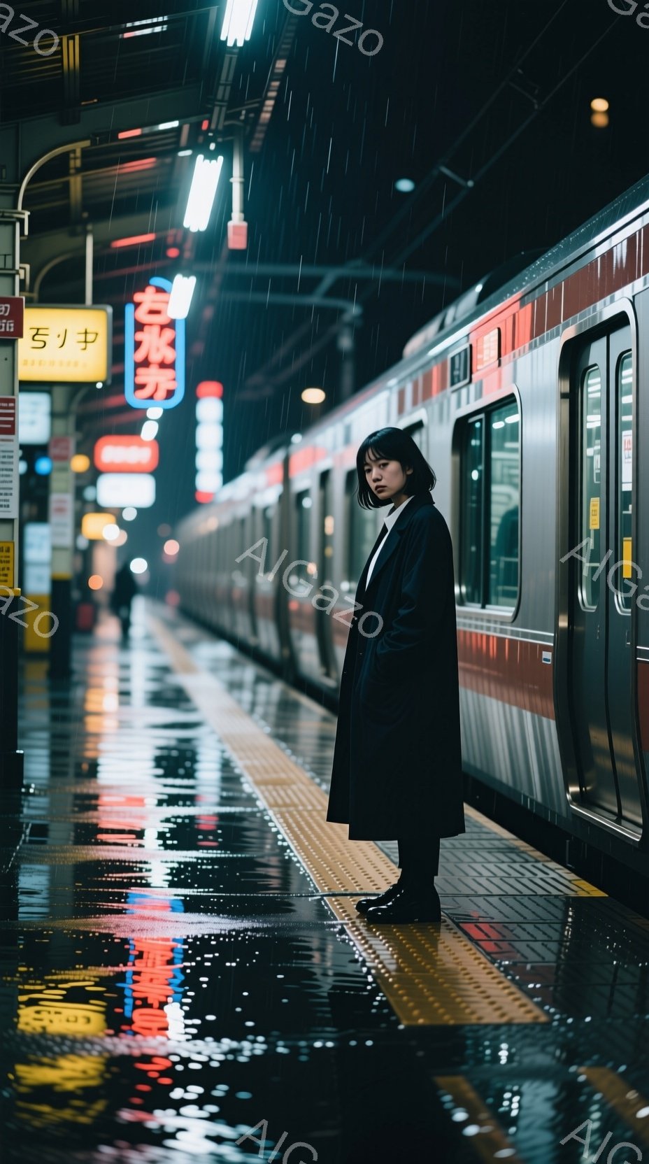 黒いコートを着た若い女性が、雨の降る駅のプラットフォームに立っている。彼女は短く黒い髪で、やや憂いのある表情で遠くを見つめている。背景には、光る電車の車両と、濡れたプラットフォームに反射するネオンサインがぼやけて写っており、全体的に寂しげで物憂げな雰囲気が漂っている。
