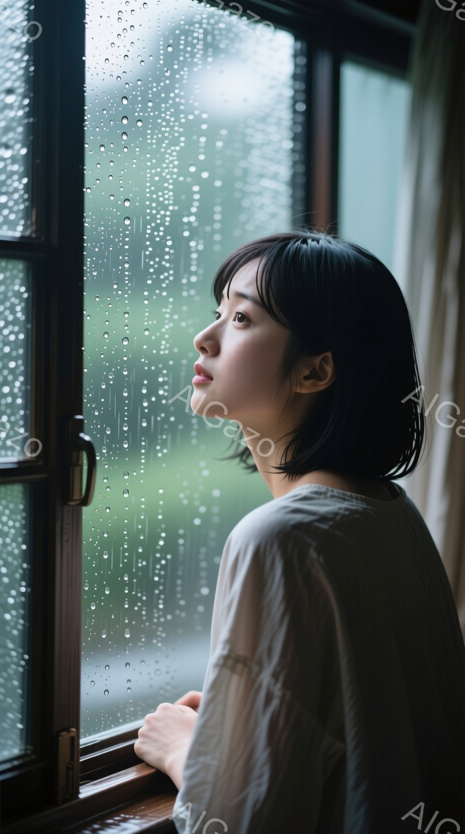 ショートヘアの女性が、雨で濡れた窓の外を見つめている。薄い色のシャツを着ており、少し憂いを帯びた表情で、どこか遠くを見つめているようだ。窓の外には緑豊かな木々が見え、雨粒が窓ガラスを伝って流れ落ちる様子から、しっとりとした静かな雰囲気が感じられる。