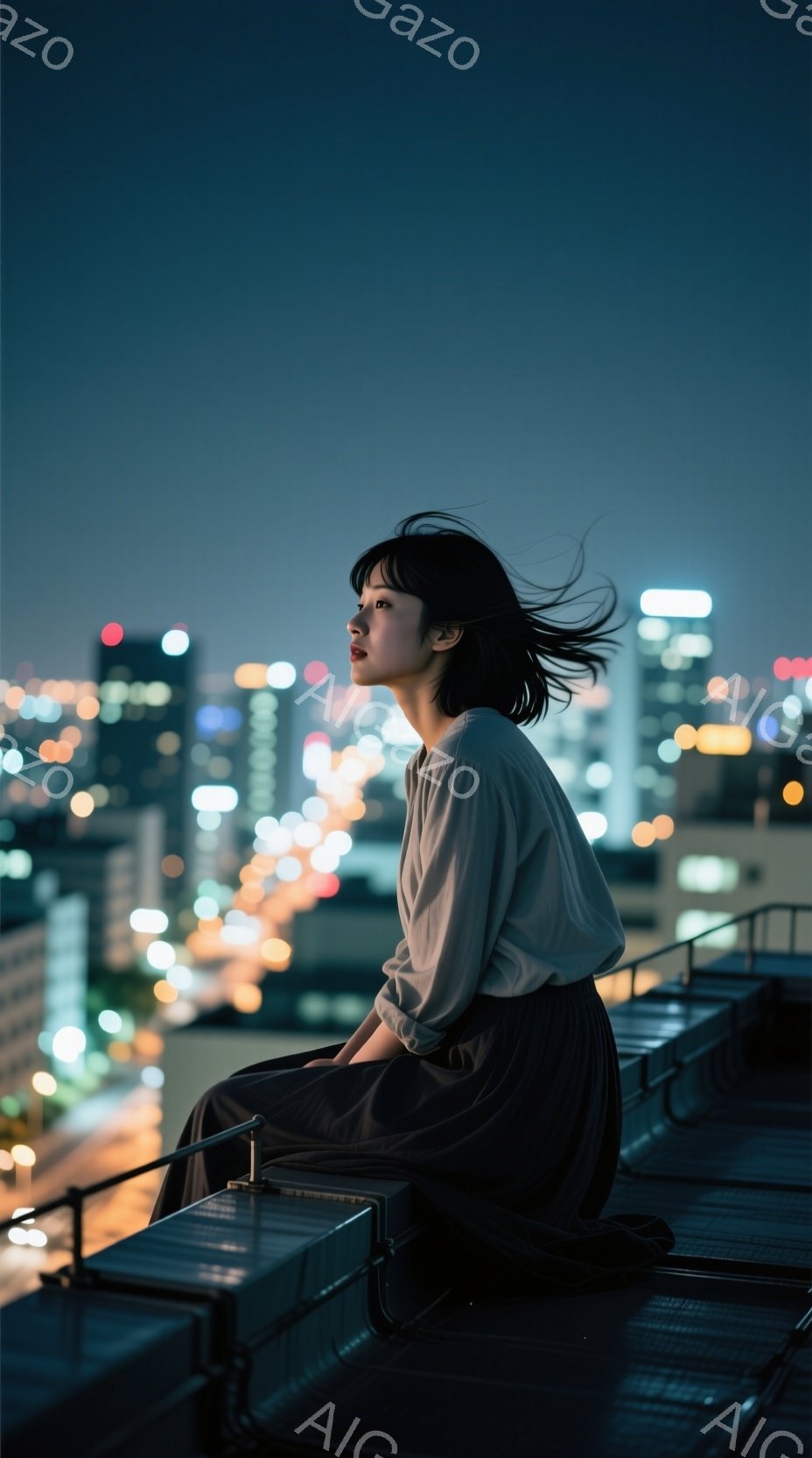 彼女は肩を露出し、薄灰色のブラウスと濃い色のスカートを身につけて、屋上の縁に座っています。風になびく短い髪と、遠くを見つめる憂いのある表情が印象的です。背景には夜景が広がり、都市の光がぼんやりと輝き、静寂で少し寂しげな雰囲気を醸し出しています。