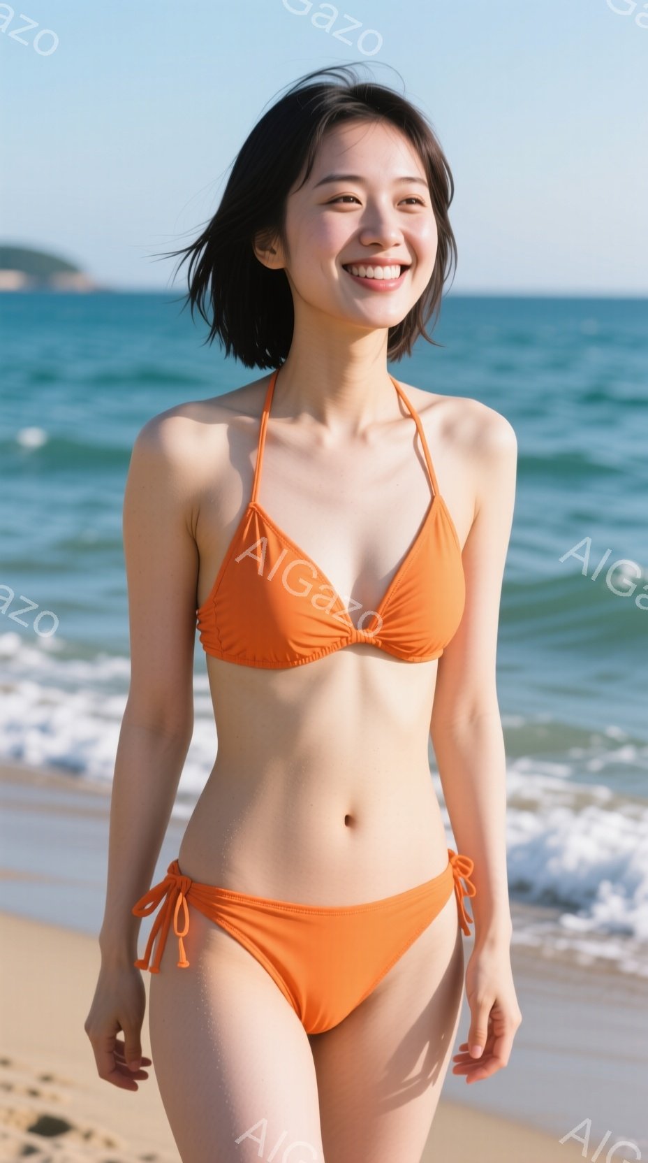 オレンジ色のビキニを着た若い女性が砂浜を歩いています。彼女は微笑んでおり、濡れた髪は肩にかかっています。背景には青い海と穏やかな波が見え、晴天の下、リラックスした雰囲気が漂っています。