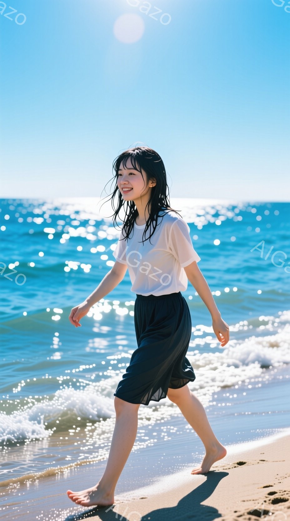 黒髪の女性が砂浜を裸足で歩いている。白いTシャツと黒いスカートを身につけ、明るい笑顔を見せている。背景には青い海と太陽の光が広がり、晴れた日のビーチの爽やかな雰囲気を伝えている。 - AI生成フリー素材