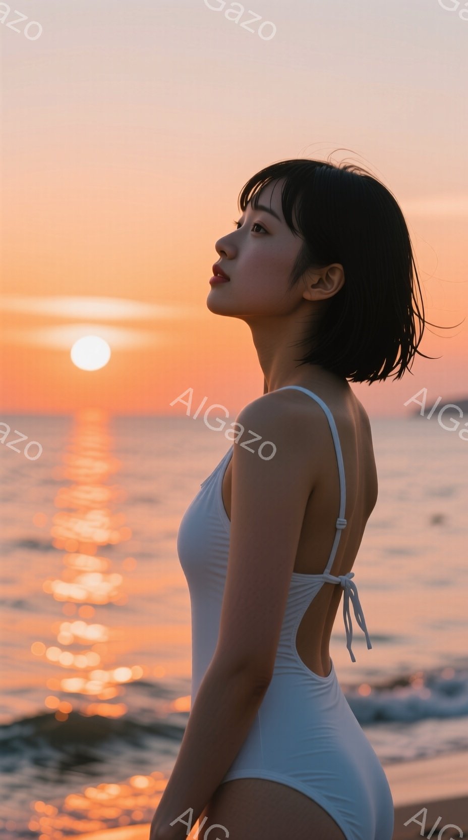 白いワンピース水着を着た女性が、夕焼けの海を背景に横を向いています。黒髪で短めのヘアスタイルで、少し微笑んでいるような表情をしており、リラックスした雰囲気が伝わってきます。背景には太陽が海に沈みかけており、オレンジ色と赤色のグラデーションが美しい景色を作り出しています。