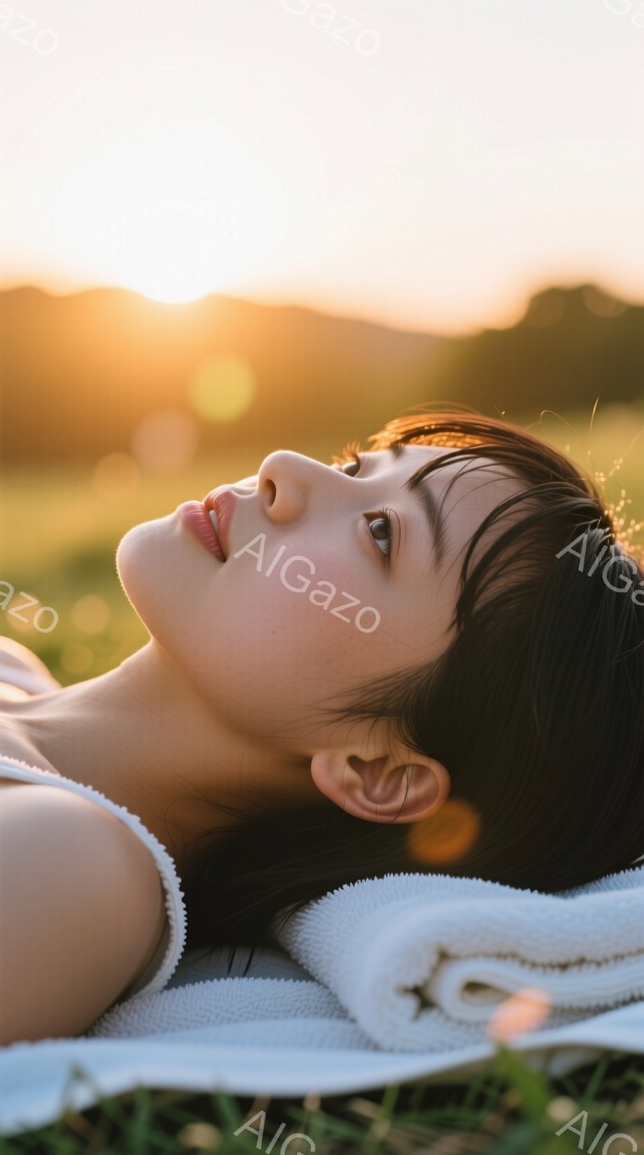 濃い黒髪の女性が、緑色の草の上に横たわっており、白い布（タオルか毛布のよう）が頭の下に敷かれている。彼女は目を閉じ、穏やかな表情で、夕焼けまたは日の出の時間帯の柔らかな光が顔を照らしている。背景にはぼやけた緑の景色が広がり、暖かく平和な雰囲気を醸し出している。