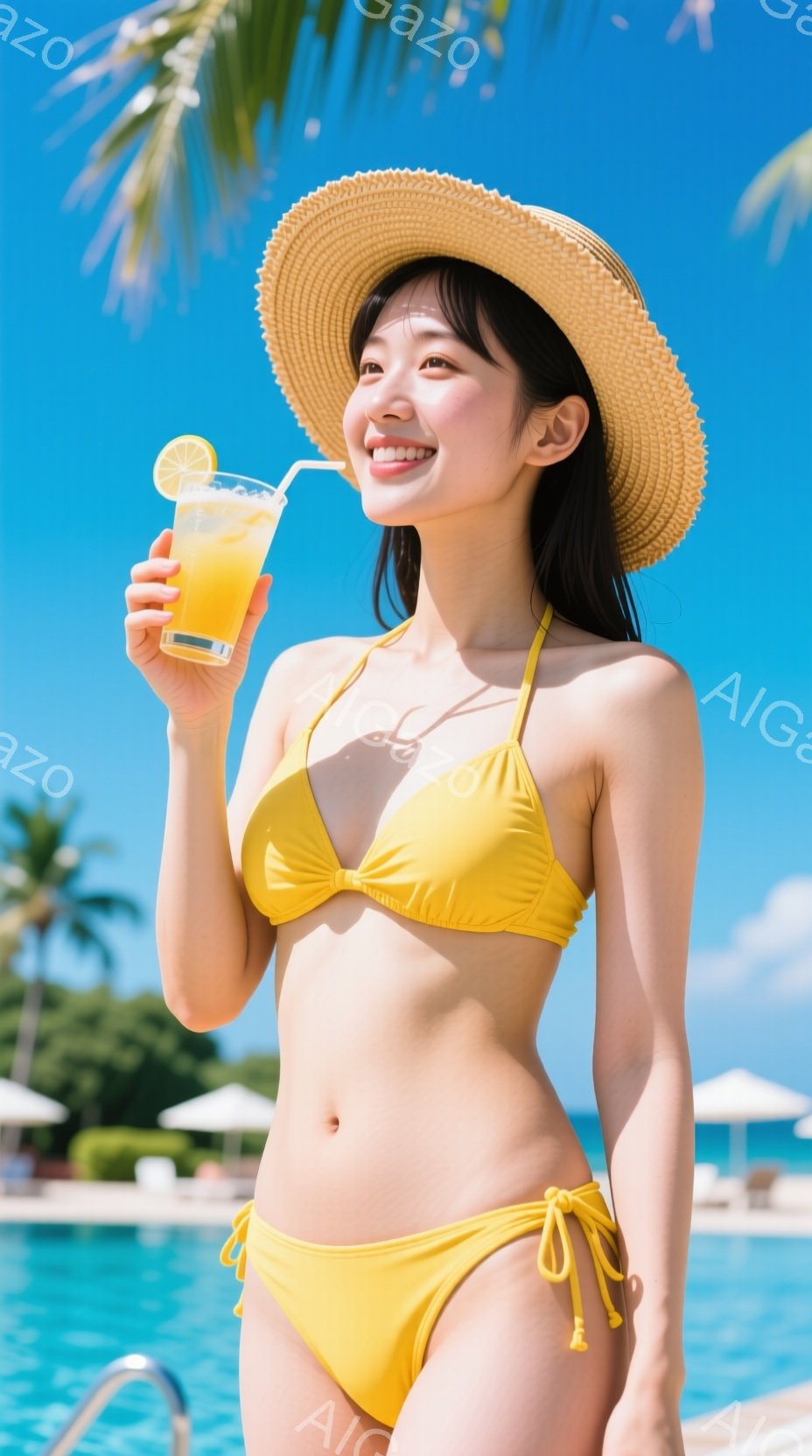 明るい黄色のビキニと麦わら帽子を着用した女性が、プールサイドでオレンジジュースを手に微笑んでいます。彼女は少し上を見上げ、リラックスした表情で、健康的で活気に満ちた雰囲気を醸し出しています。背景には青い空、ヤシの木、そしてプールの水面が広がり、晴れた日のリゾート地を彷彿とさせます。
