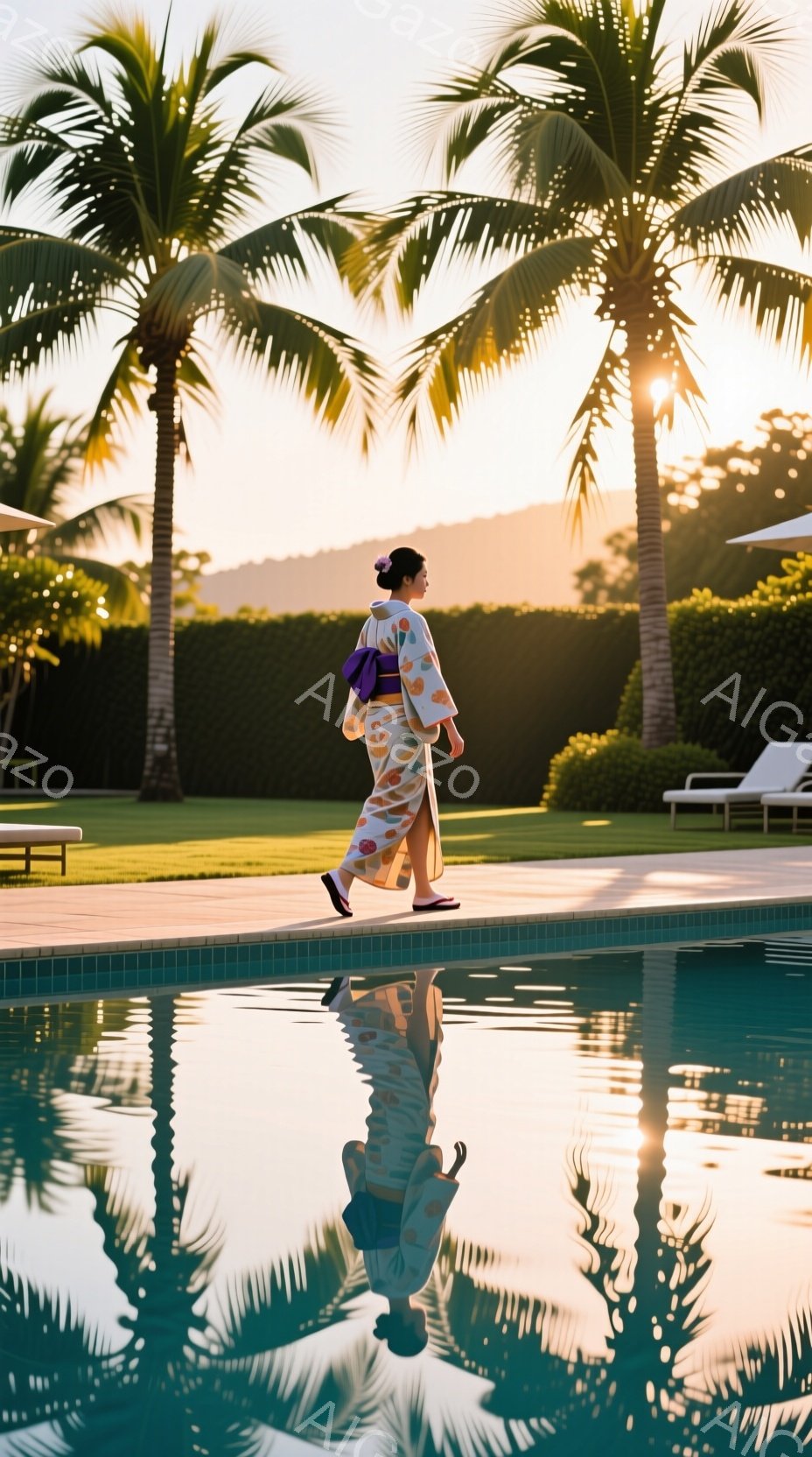 鮮やかな柄の着物を着た女性が、プールサイドを歩いている。夕暮れ時の太陽光が背景のヤシの木々を照らし、水面に美しい反射を作り出している。穏やかでリラックスした雰囲気が漂い、まるでリゾート地での優雅な休日 - AI生成フリー素材