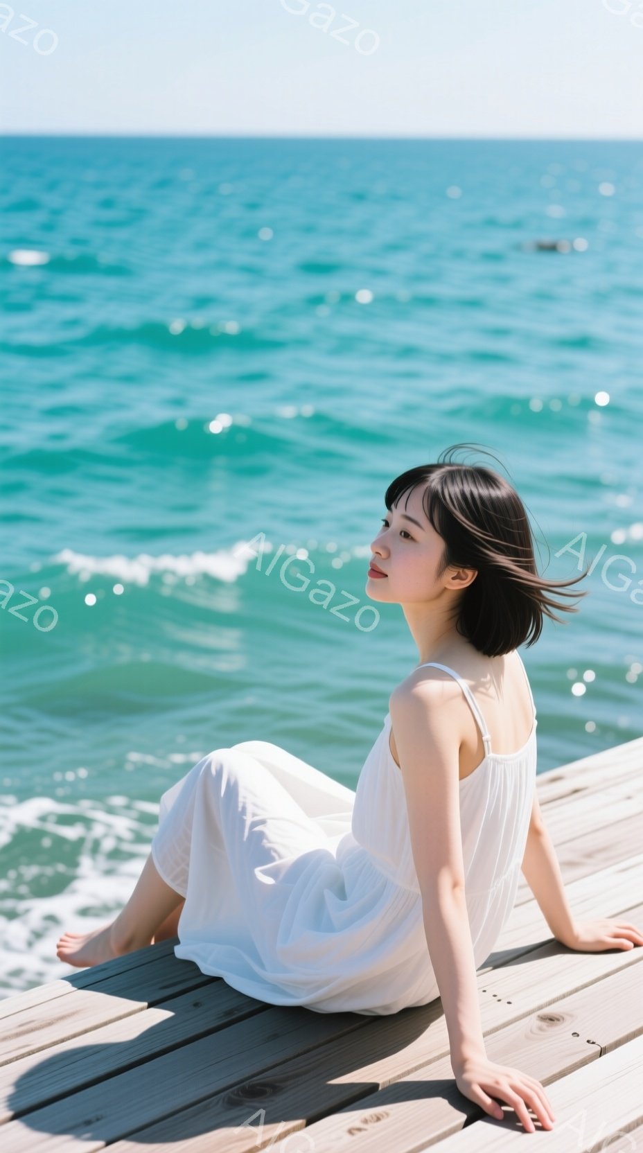 白いキャミソールワンピースを着た若い女性が、桟橋に座って海を眺めている。彼女は短い黒髪で、リラックスした表情をしており、足は裸足である。背景には、穏やかな青い海が広がり、晴れた空と太陽光が夏の穏やかな雰囲気を醸し出している。