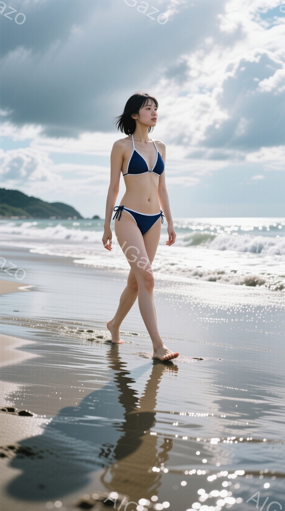 画像は、砂浜を歩く女性を捉えています。彼女は紺色の縁取りのある水着を着用し、濡れた砂浜に反射する彼女の影が印象的です。背景には青い海と曇り空が広がり、穏やかで少し物憂げな雰囲気が漂っています。