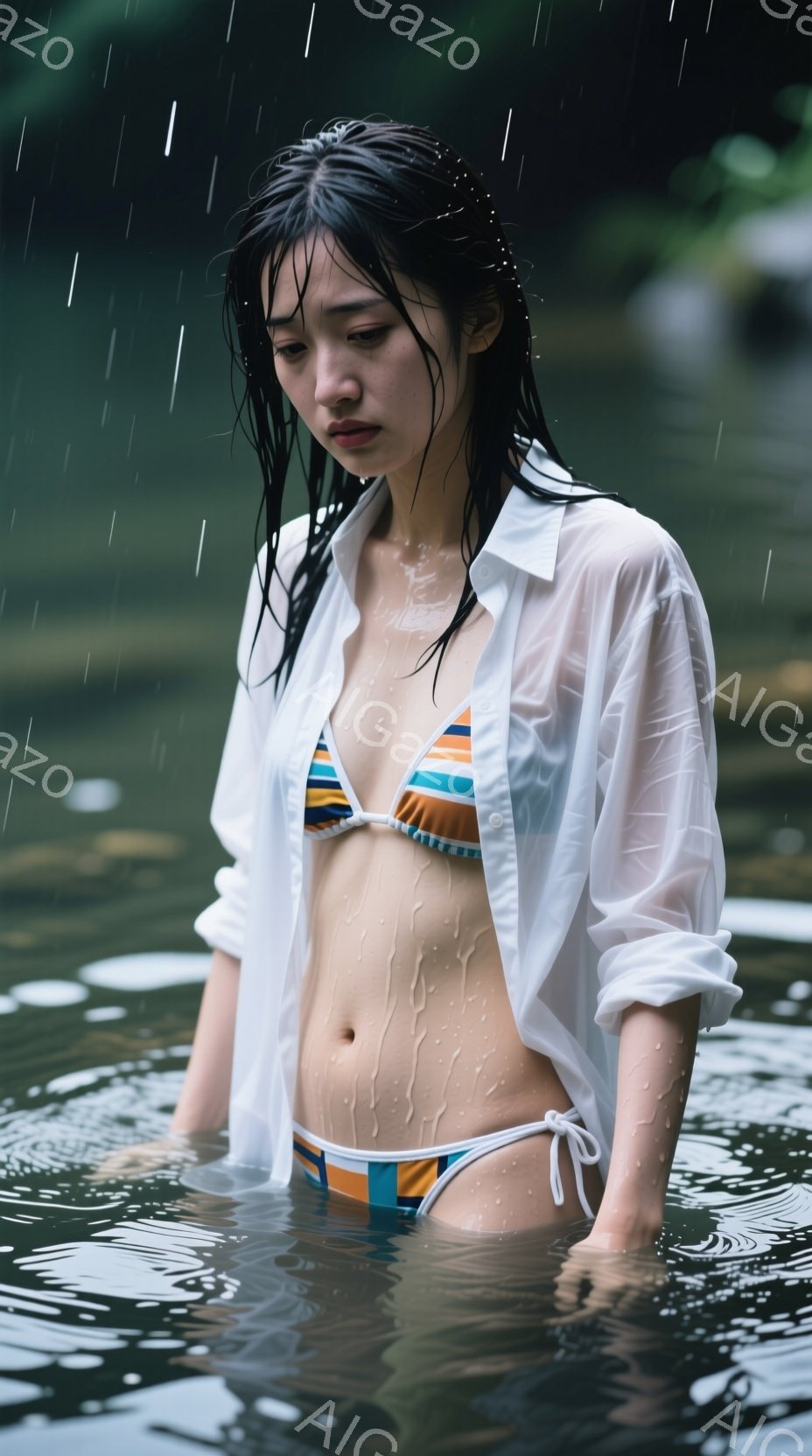 濡れた白いシャツを羽織り、オレンジと青のストライプのビキニを着た女性が水の中に立っている。髪は濡れて顔にかかり、憂いを帯びた表情をしている。背景には雨が降り、水面は波紋で覆われ、全体的に物憂げで静謐な雰囲気を醸し出している。