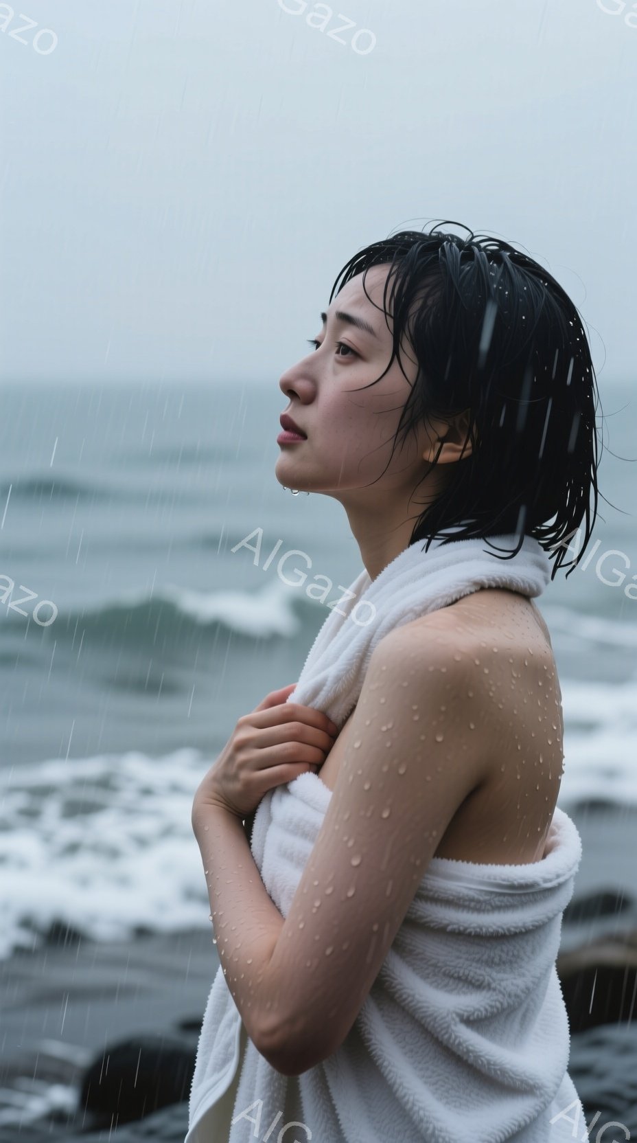 雨が降る中、女性が白いタオルを体に巻き付けて立っている。濡れた髪とわずかに濡れた肌、そして物憂げな表情が印象的だ。背景には荒れた海と曇り空が広がり、全体的に寂しげで憂いを帯びた雰囲気が漂っている。