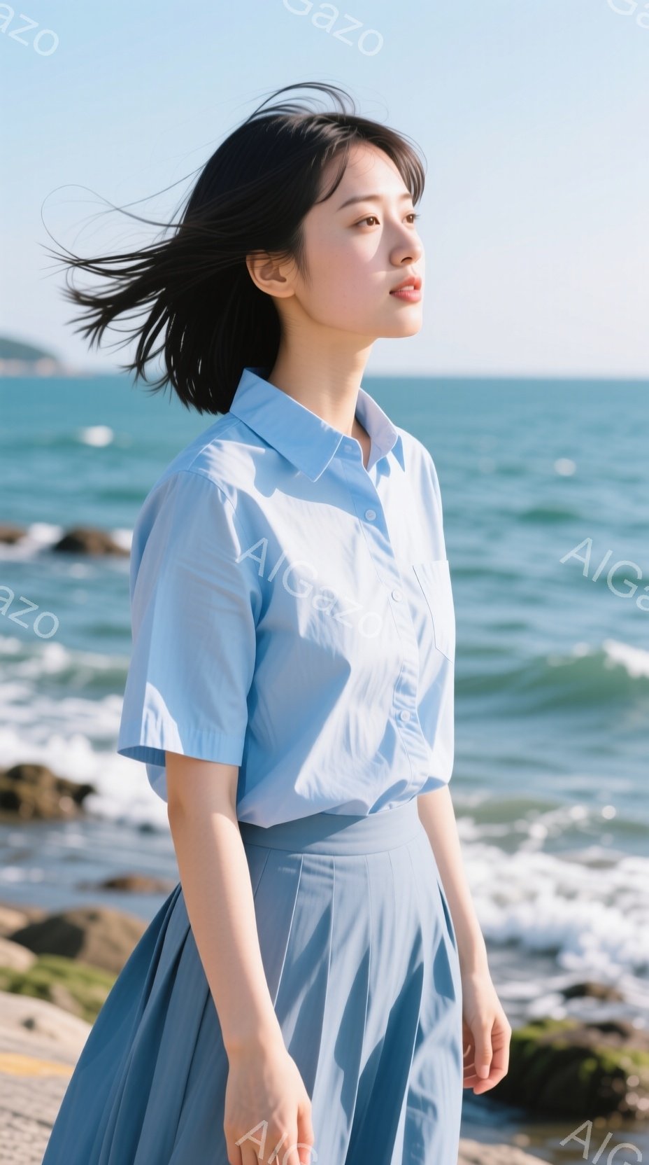 青いシャツとプリーツスカートを着た若い女性が、海を背景に立っている。彼女は少し横を向き、穏やかな表情で遠くを見つめている。背景には穏やかな波が打ち寄せ、明るい晴天が広がっており、全体的に爽やかで穏やか - AI生成フリー素材