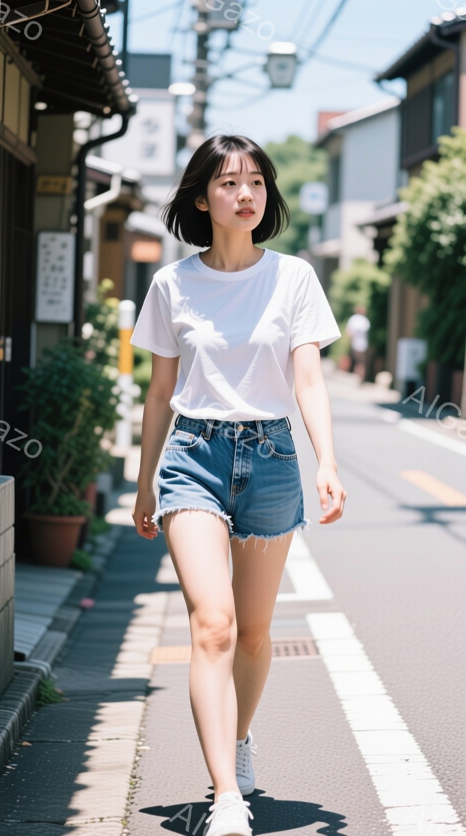 若い女性が、短いデニムパンツと白いTシャツ、白いスニーカーを着用して歩道を歩いている。彼女は黒髪のショートヘアで、少し微笑んでいるように見える。背景には木造建築が並び、日差しが強く、夏らしい雰囲気である。