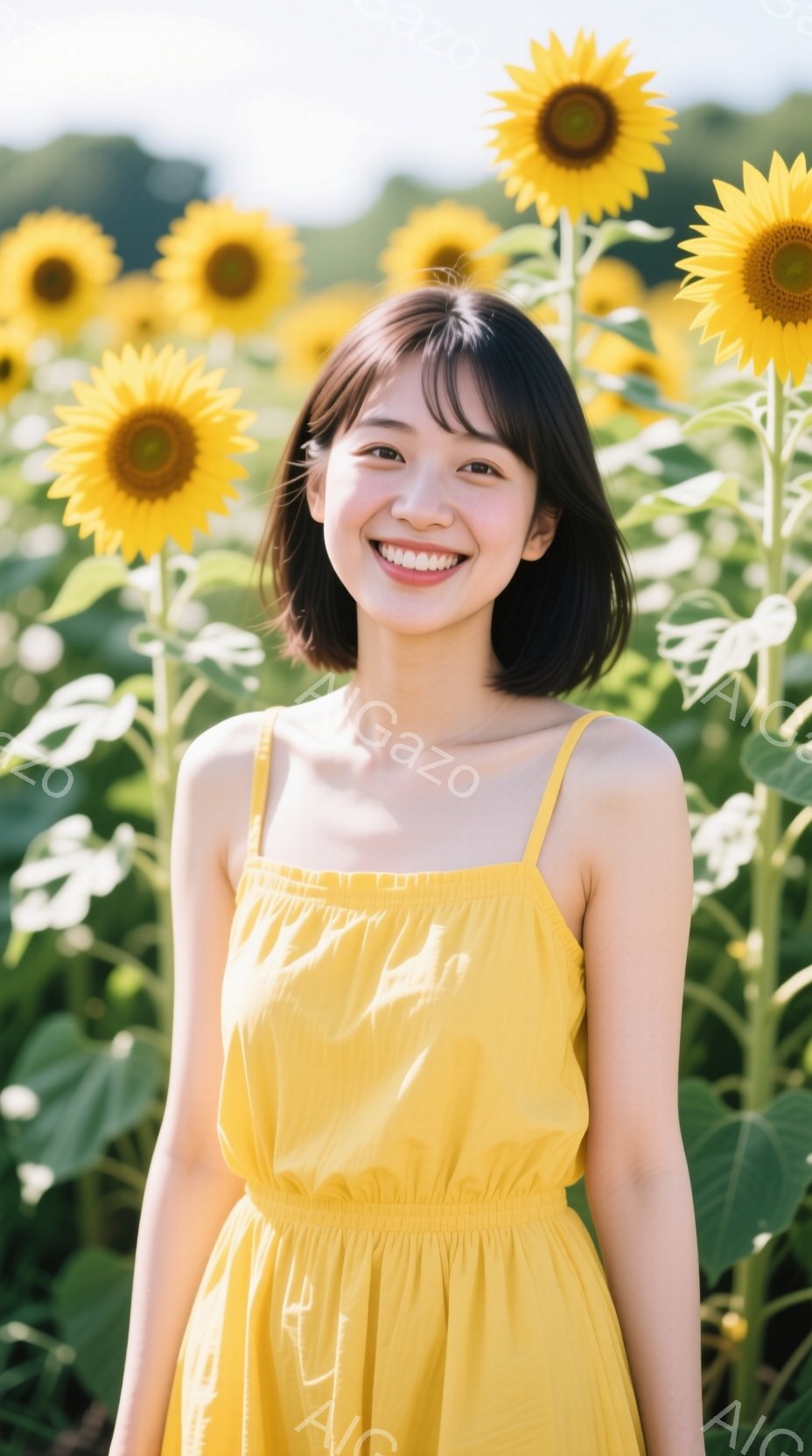 明るい黄色いワンピースを着た若い女性が、ひまわり畑で微笑んでいます。彼女は肩までの長さの黒髪で、前髪が少しカールしています。背景にはたくさんのひまわりが咲き乱れ、晴れた日の温かい雰囲気を醸し出しています。