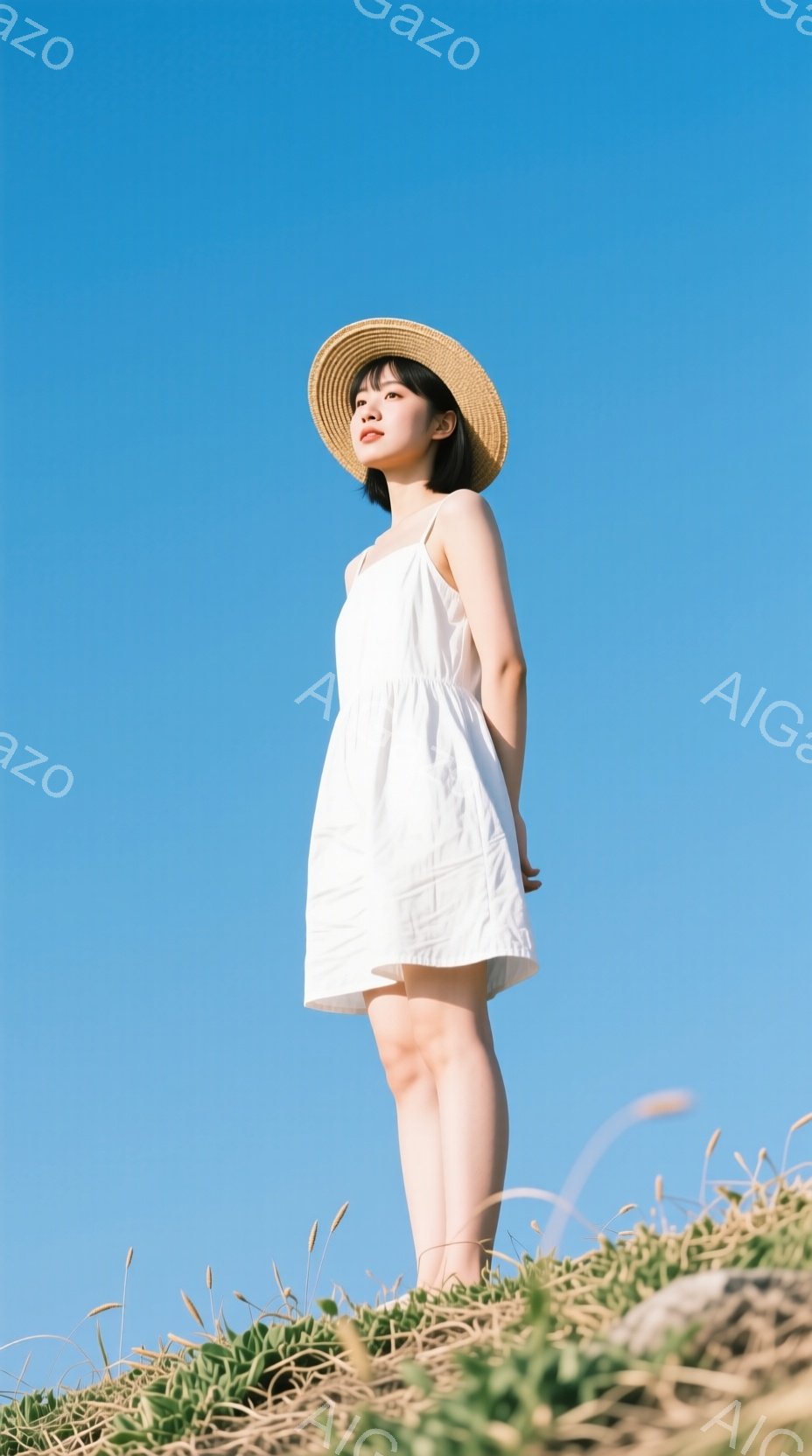 白いワンピースを着た女性が、麦わら帽子を被り、青空を見上げています。彼女は穏やかな表情で、少し横を向いており、リラックスした雰囲気が漂っています。背景は緑の草むらで、晴天の空が広がり、明るく開放的な印象を与えます。
