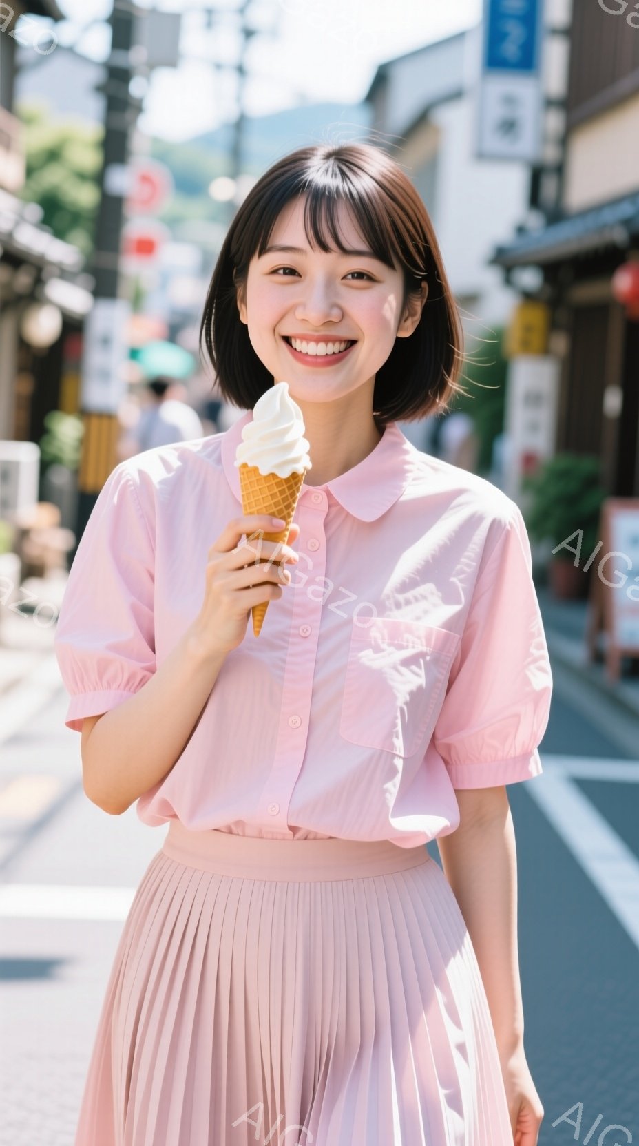 若い女性がアイスクリームを持って微笑んでいます。ピンク色のブラウスとプリーツスカートを身に着け、ダークブラウンのショートボブヘアが特徴的です。背景には建物や木々が見え、晴れた日の穏やかな街並みが広がっています。