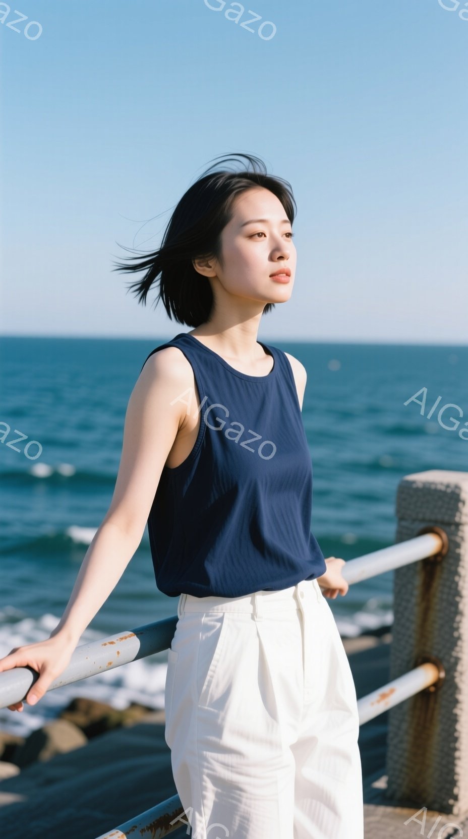 紺色のタンクトップとオフホワイトのワイドパンツを着用した若い女性が、海を背景にポーズをとっています。彼女は少し横を向き、リラックスした表情で、片手を金属製の柵に添えています。背景には穏やかな青い海と、 - AI生成フリー素材