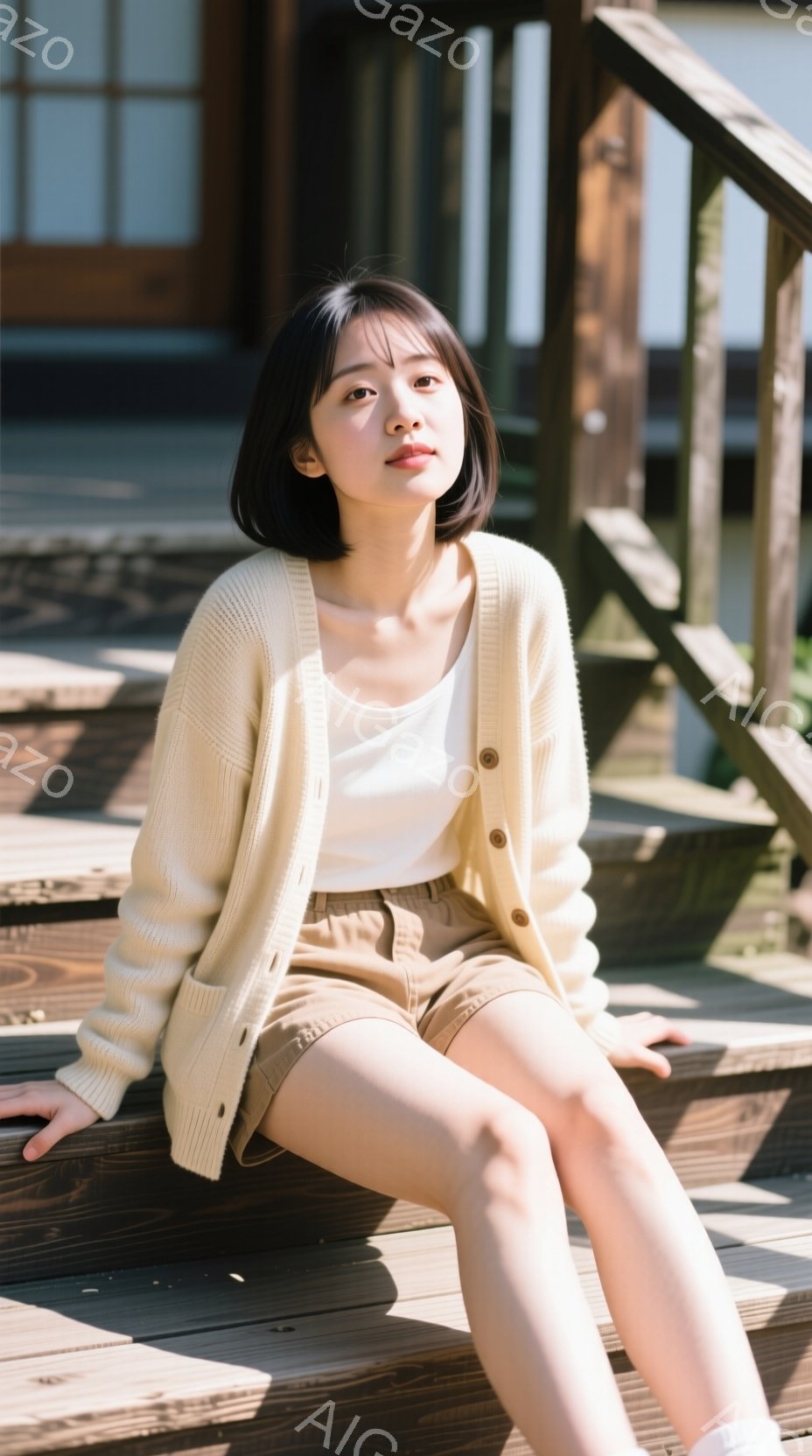 短い茶色の髪をした若い女性が、木製の階段に座ってこちらを見ている。オフホワイトのニットカーディガンにベージュのショートパンツを合わせ、リラックスした装いをしている。背景には木造建築が見え、日差しの強い晴天で、穏やかで暖かい雰囲気を感じさせる。