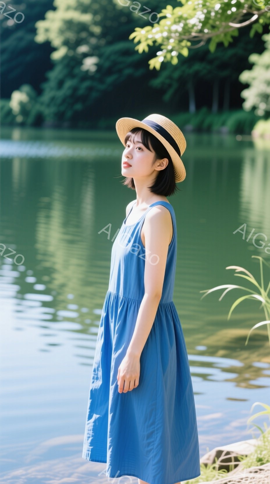 青いワンピースを着た若い女性が、麦わら帽子を被って湖のほとりに立っている。彼女は少し横を向き、穏やかな表情で遠くを見つめている。背景には緑豊かな自然が広がり、水面には光が反射してキラキラと輝いている。