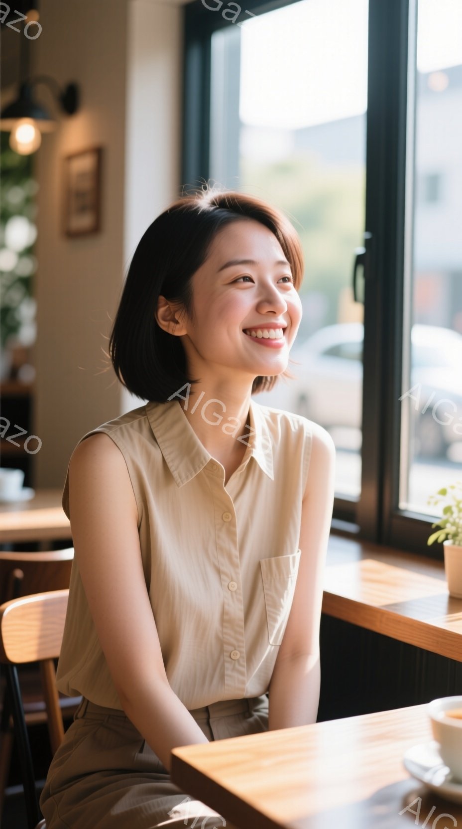 明るい光が差し込むカフェの窓辺に、ベージュのシャツとパンツを着た若い女性が座っています。彼女は微笑んでおり、リラックスした表情で遠くを見つめています。背景には木製のテーブルと椅子、そして建物の外観が見え、穏やかで温かい雰囲気が漂っています。