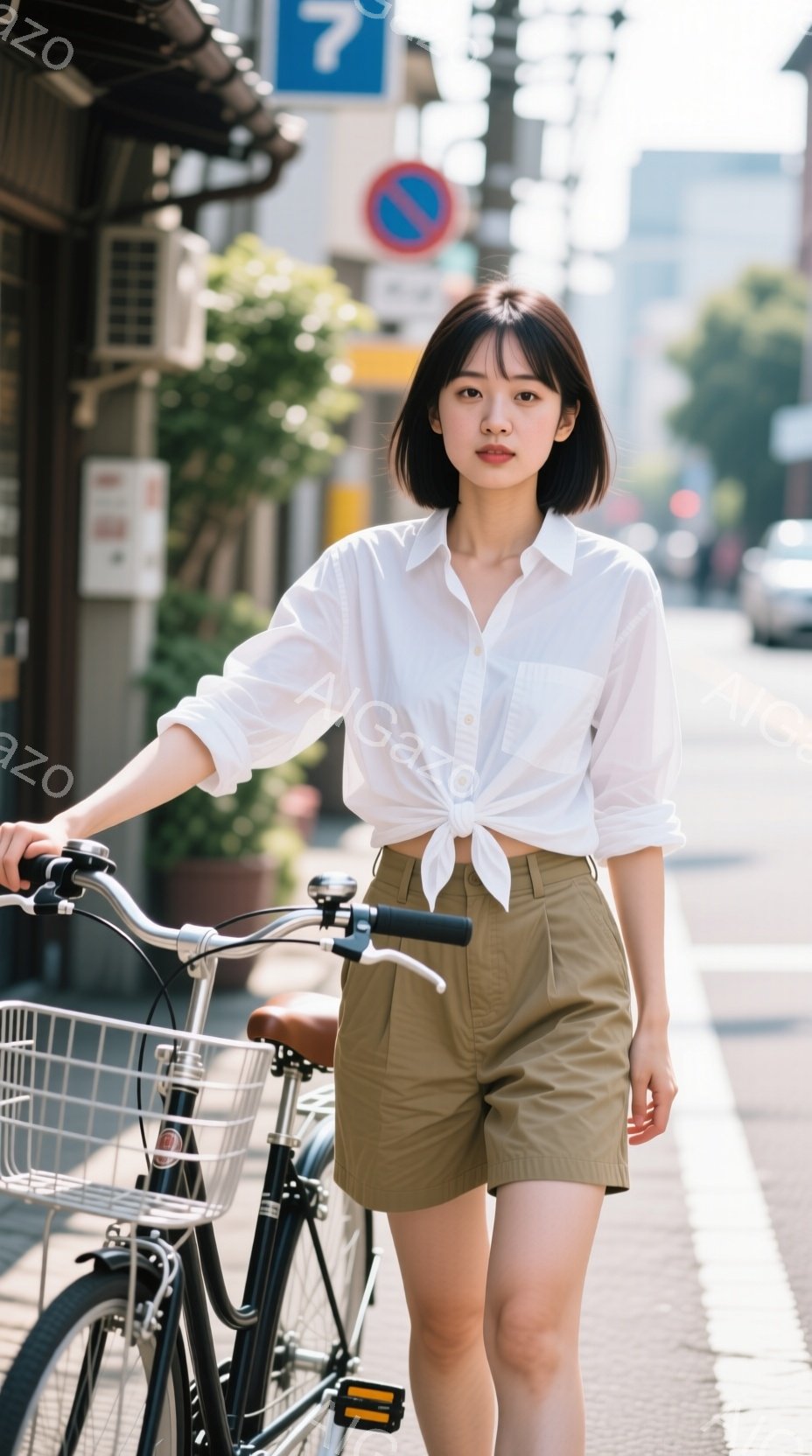 ショートヘアの女性が自転車と一緒に写っています。白いシャツを腰で結び、ベージュ色のショートパンツを着用しており、カジュアルなスタイルです。背景には建物や木々が見え、晴れた日の穏やかな街並みが広がってい - AI生成フリー素材