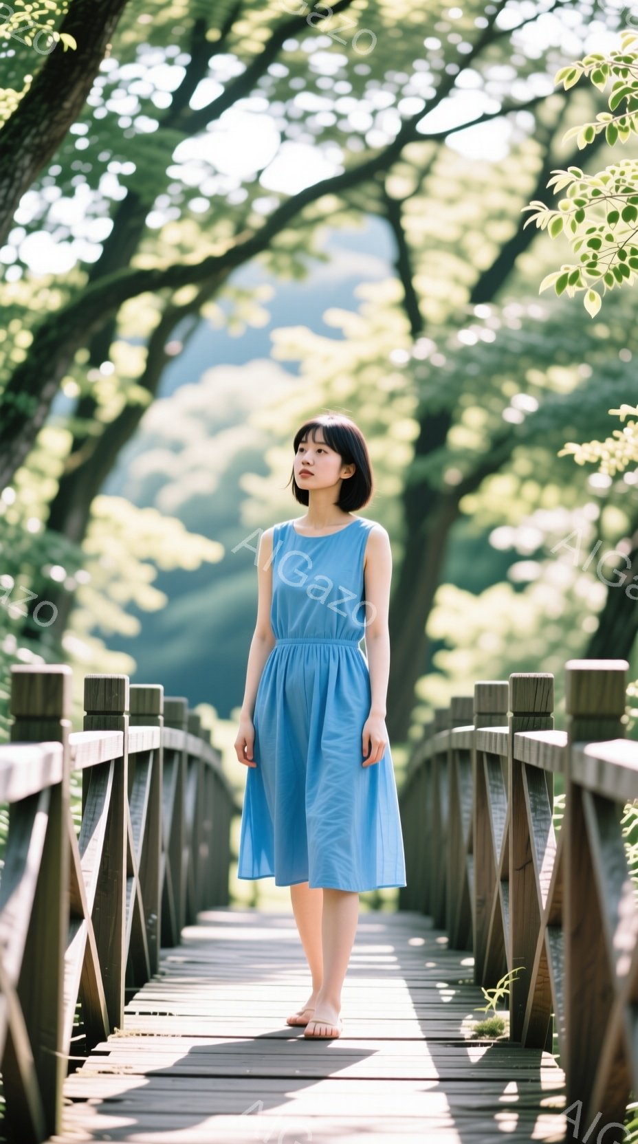 青いワンピースを着た若い女性が、木製の橋の上を裸足で歩いている。彼女は黒髪のストレートヘアで、穏やかな表情をしている。背景は緑豊かな木々が生い茂る自然で、柔らかな光が差し込み、静かで穏やかな雰囲気を醸し出している。