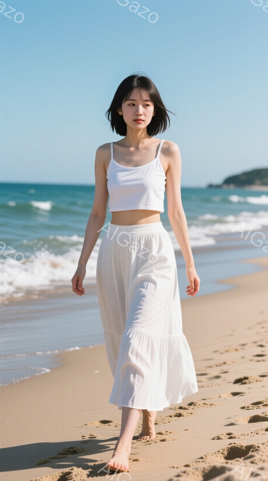 白いタンクトップとロングスカートを身につけた女性が砂浜を歩いている。彼女は黒髪のボブスタイルで、表情は穏やかで、足は裸足である。背景には青い海と空が広がり、晴天の下、リラックスした雰囲気を感じさせる。 - AI生成フリー素材