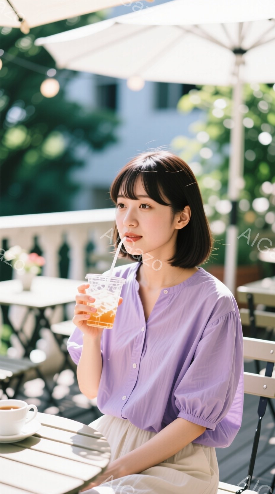 若い女性がカフェで飲み物を楽しんでいます。彼女は明るいラベンダー色のブラウスとベージュ色のパンツを身につけ、前髪を下ろしたショートヘアです。背景にはカフェのテラス席と緑豊かな木々が見え、晴れた日の穏やかな雰囲気が漂っています。