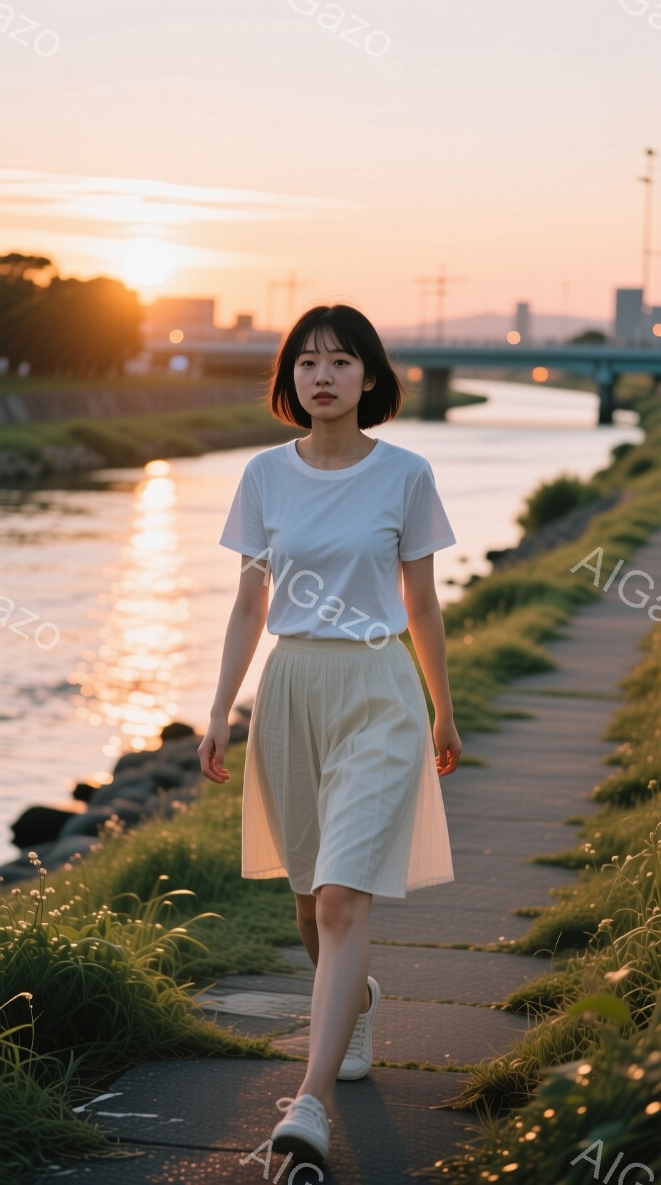 若い女性が河川敷の道を歩いている。白いTシャツと淡いクリーム色のスカート、白いスニーカーを履いており、ショートボブの髪型で、やや真剣な表情をしている。背景には川と橋が見え、夕焼け空が暖かく、穏やかな雰囲気を醸し出している。