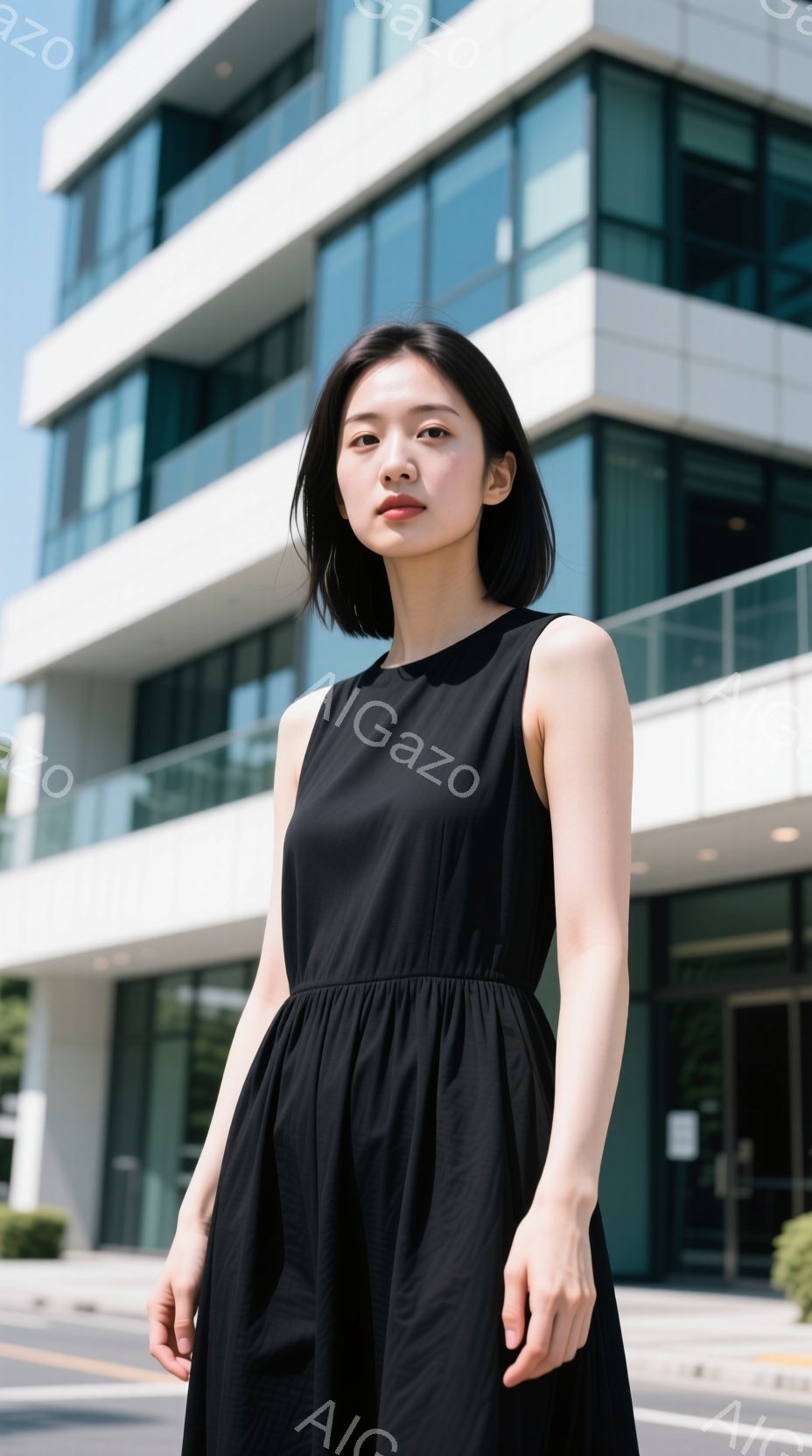 黒いワンピースを着た女性が、都市の背景を前に立っている。彼女は黒髪のショートボブで、穏やかで少し物憂げな表情をしている。背景にはモダンな高層ビルが見え、晴れた日の穏やかな雰囲気が漂っている。 - AI生成フリー素材