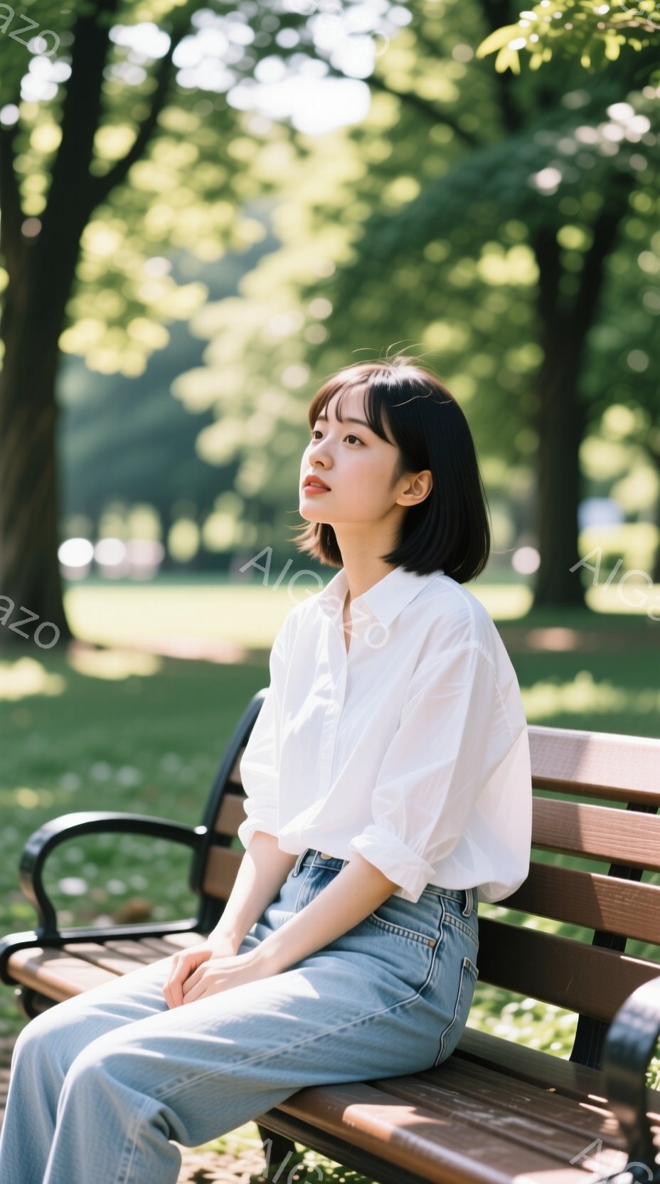 若い女性が公園のベンチに座っており、白いシャツと水色のジーンズを着用しています。彼女は黒髪のショートボブで、少し上目遣いに何かを考えているような表情をしています。背景には緑豊かな木々が生い茂り、晴れた日の穏やかな雰囲気を醸し出しています。