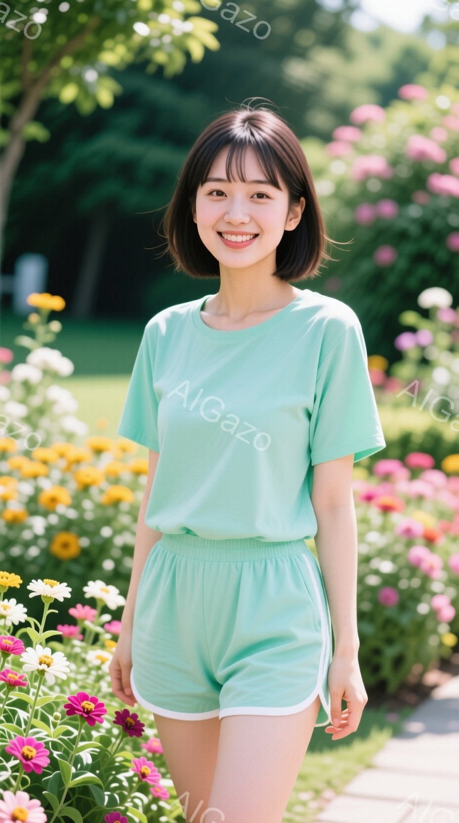 若い女性が、ターコイズブルーのセットアップ（Tシャツとショートパンツ）を着て、花壇の前で微笑んでいます。彼女は黒髪のショートボブで、自然な笑顔を見せており、リラックスした姿勢で立っています。背景にはカラフルな花々が咲き乱れ、晴れた日の穏やかな雰囲気が漂っています。