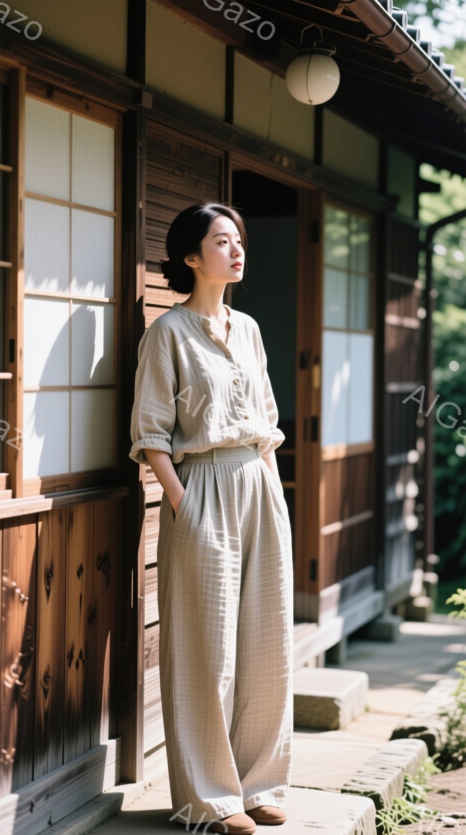 画像には、ベージュ色のジャンプスーツを着た女性が写っています。彼女は髪を後ろでまとめ、わずかに微笑んでいます。背景には、木製の壁と緑豊かな植物が見える古い日本家屋があり、穏やかで静かな雰囲気が漂っています。