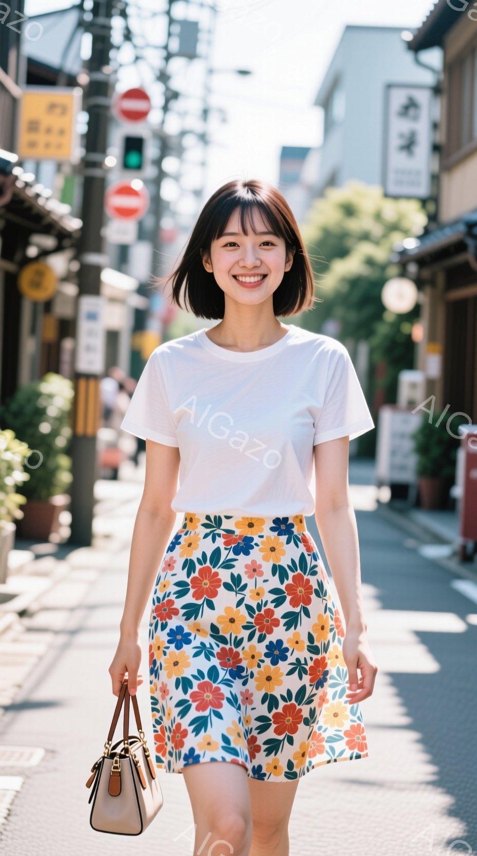 白いTシャツに花柄のスカートを着用した女性が、石畳の道の上を歩いている。彼女は微笑んでおり、髪は肩までの長さで、前髪が眉毛にかかっている。背景には木造の建物や植物が見え、晴れた日の賑やかな街並みである - AI生成フリー素材