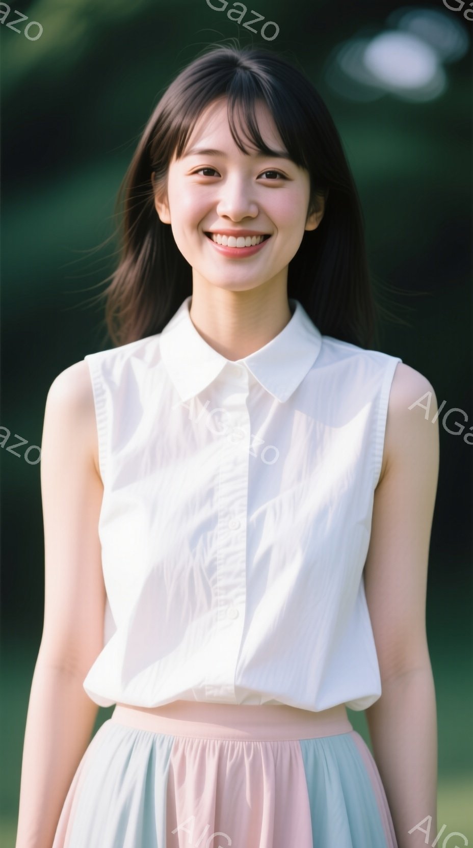 若い女性が微笑んで立っています。彼女はオフホワイトの半袖ブラウスと、ピンクと水色のグラデーションのロングスカートを着用しており、髪は肩にかかる長さでストレートです。背景は緑豊かな木々で、屋外で晴れた日のようです。